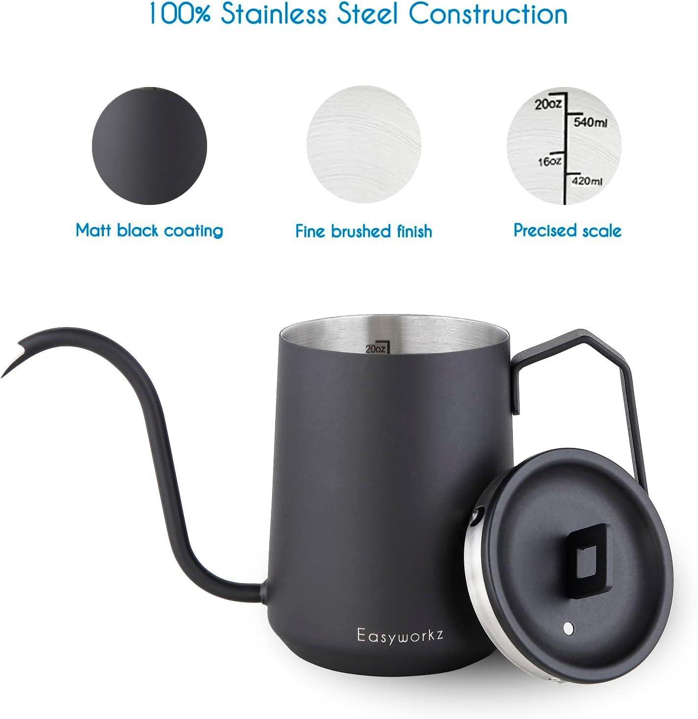 Easyworkz Gooseneck Pour Over Coffee Kettle 20 Oz Stainless Steel Hand Drip Coffee Pot With Long Narrow Spout, Matte Black