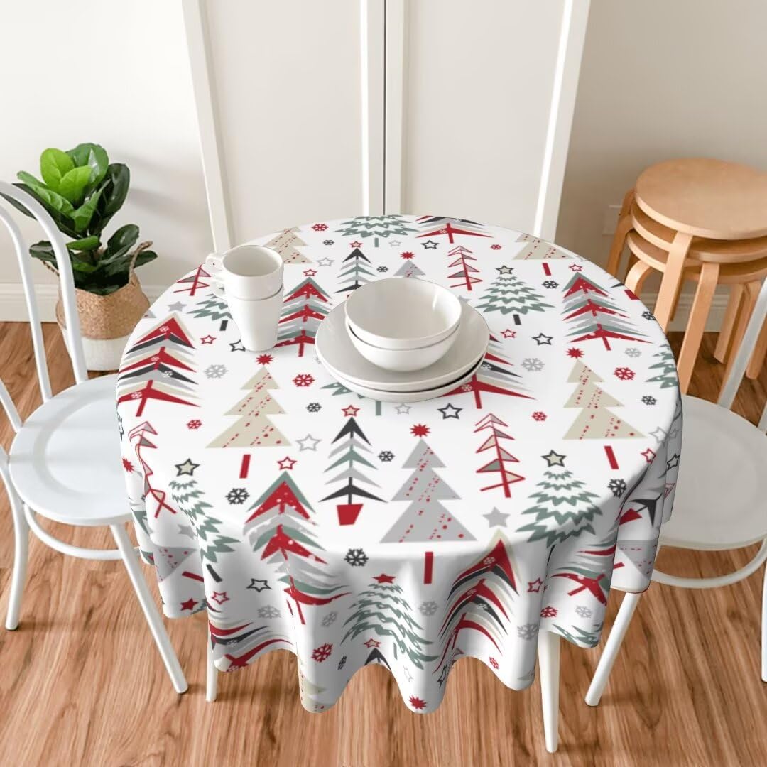 BETGINY Merry Christmas Tablecloth 60 Inch Round Colorful Christmas Trees Table Cloth Washable Holiday Winter Table Cover for Ki