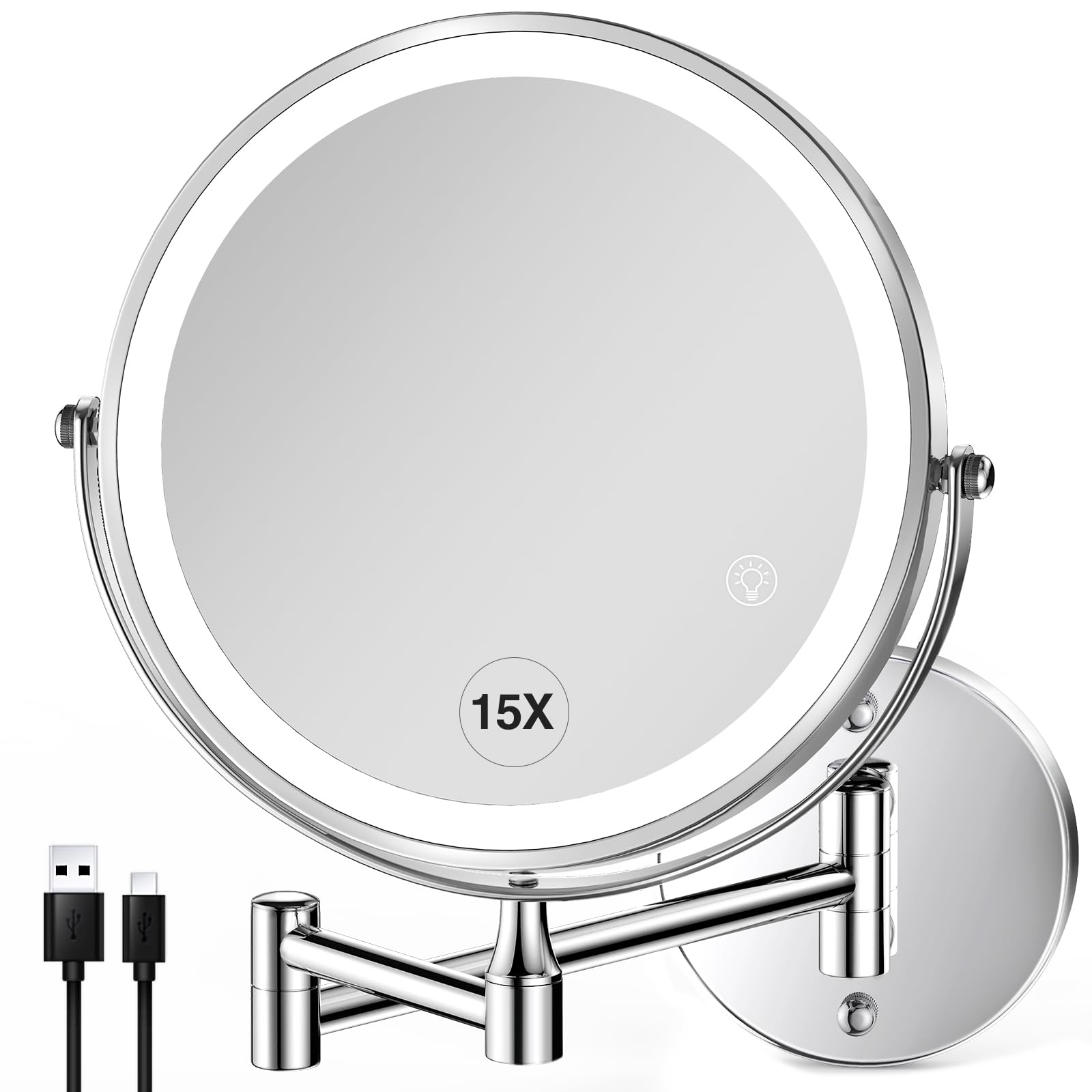 Greenfrom Wall Mounted Lighted Makeup Mirror: 8.5 Inch Double Sided Makeup Mirror With 1X/15X Magnification For Vanity, Bathroom