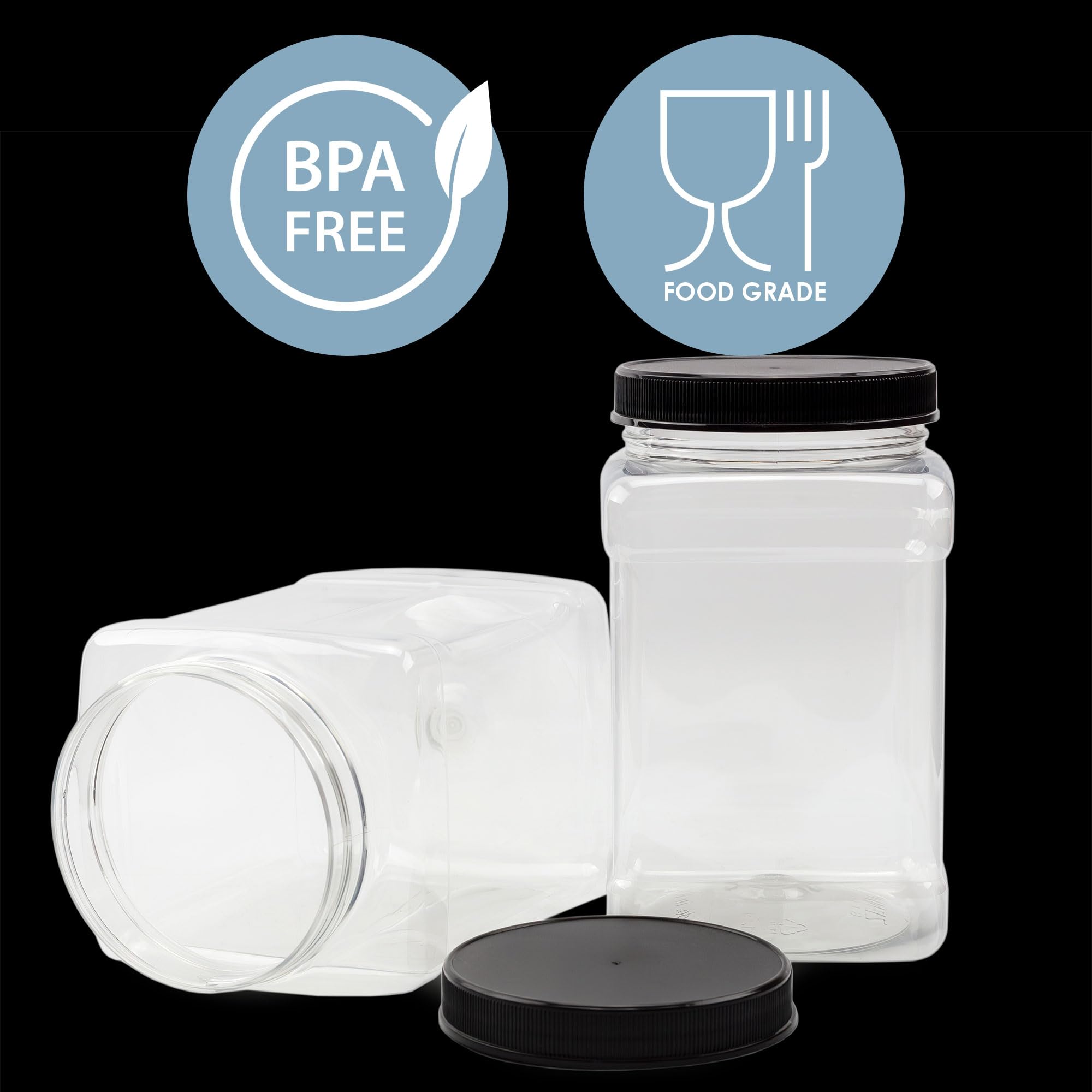 Cornucopia 48Oz Square Plastic Jars (3-Pack); Clear Rectangular 6-Cup Canisters W/Black Lids, Easy-Grip Side
