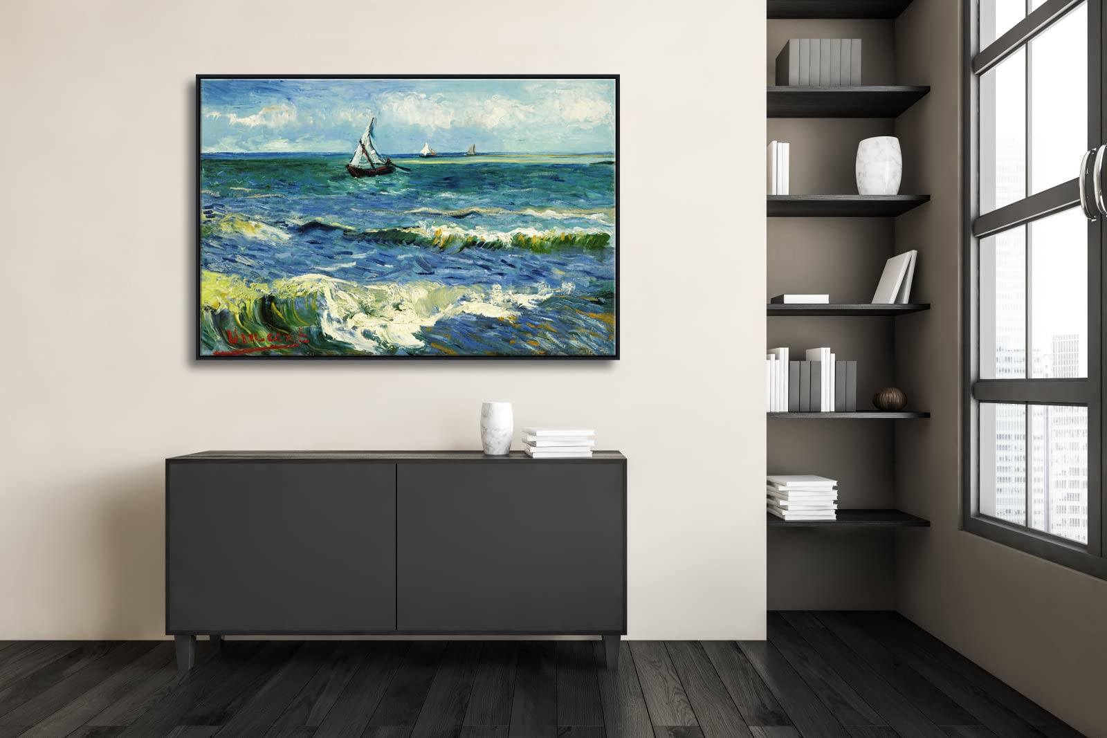 Wieco Art Extra Large Black Framed Canvas Prints Seascape At Saintes Maries By Vincent Van Gogh Modern Artwork Sea Pictures On C