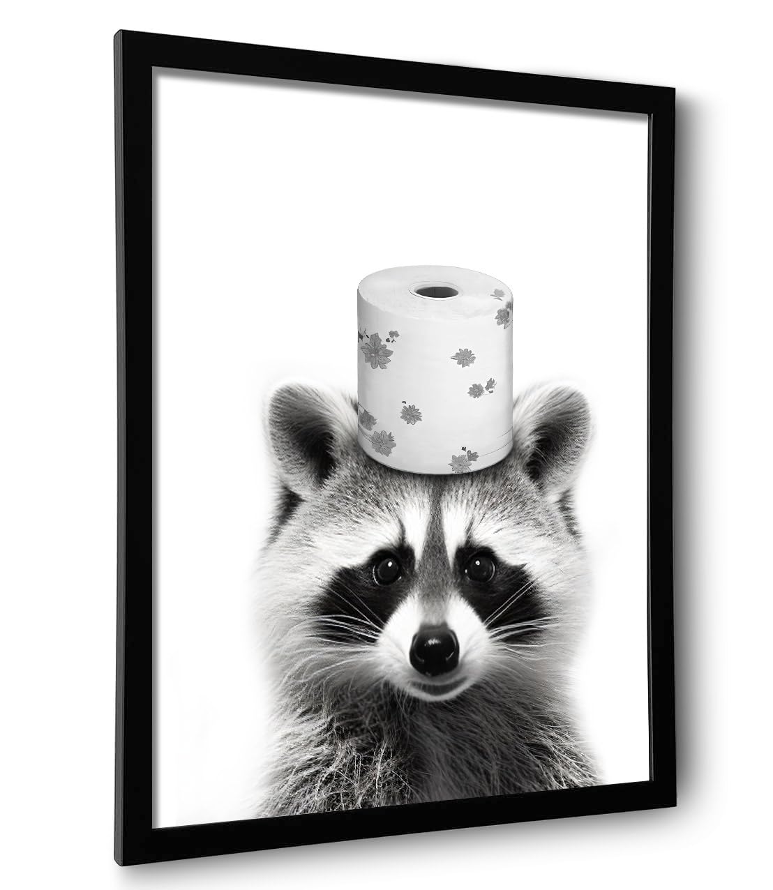 Framed Cute Raccoon Wall Art, Funny Bathroom Decor Wall Art, Black And White Canvas Print Farmhouse Wall Decor, Ready To Hang Ki