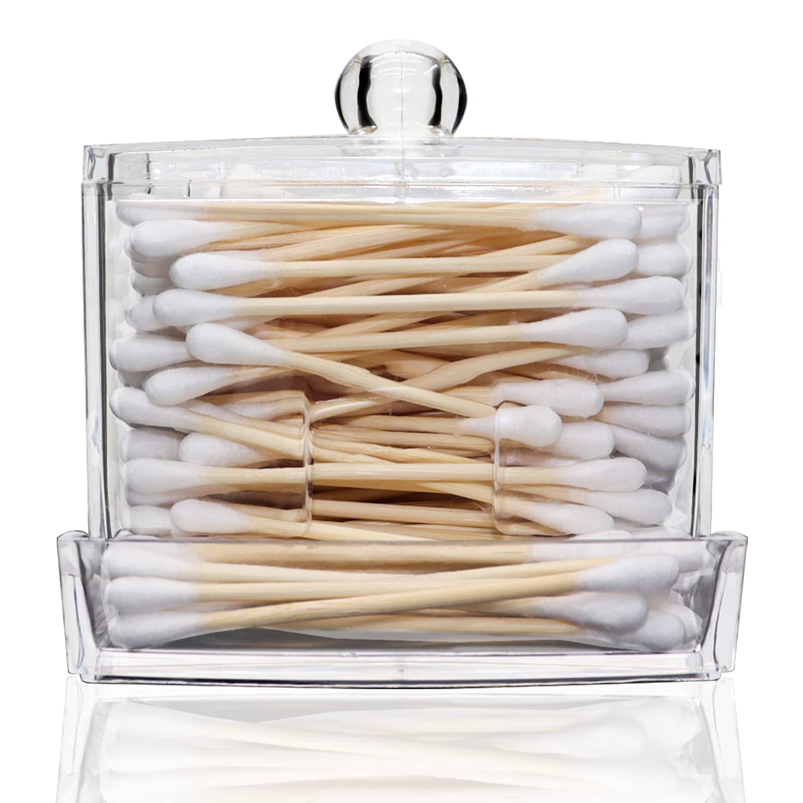 Qihomy Square Cotton Swab Storage Container - Transparent Apothecary Jars With Lids Unbreakable Cotton Ball Qtip Holder With 2 T
