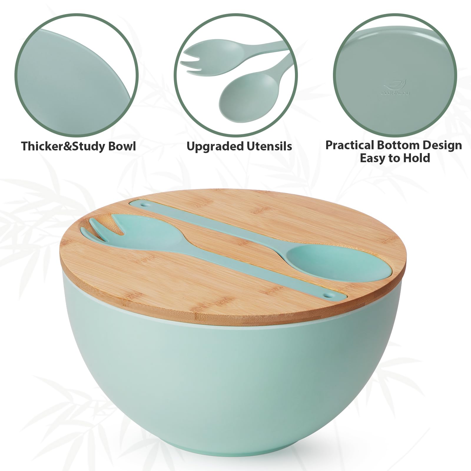 11.3'' Extra Large Salad Bowl With Wooden Lid & Servers, 208Oz, Oversized Bamboo Fiber Salad Serving Set With Utensils For Home/