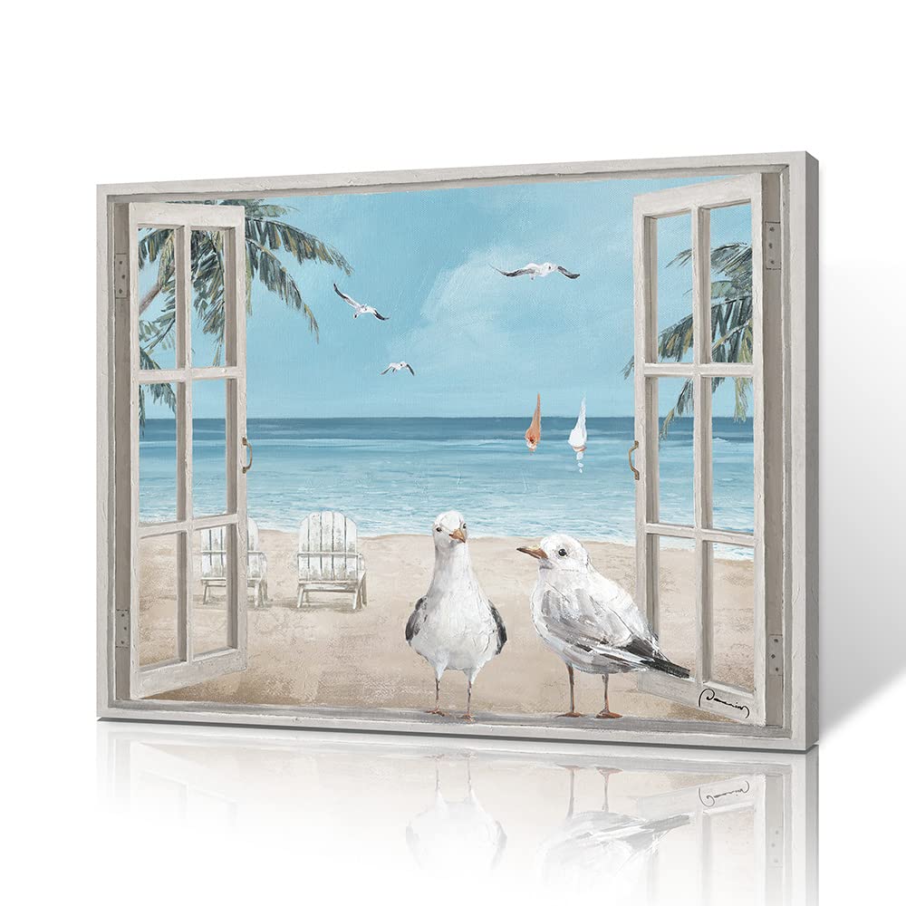 Forjoy Beach View With Window Art Coastal Bird Pictures Window View Canvas Wall Art Window Beach Poster Beach Window Wall Art Se