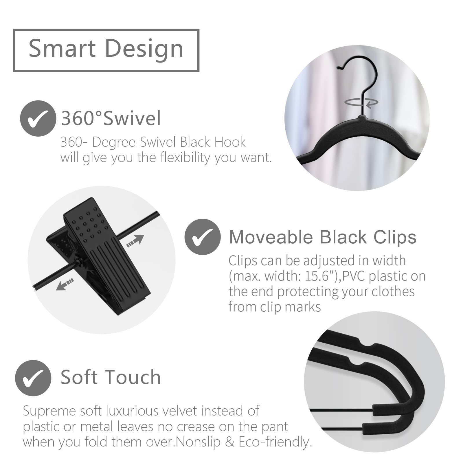 MIZGI Premium All Black Velvet Pants Hangers with Adjustable Clips (Pack of 20) Slim Skirt Hangers- Non Slip Felt Outfit Dress Hangers- Black Hooks Space Saving Shirt Clothes Hangers