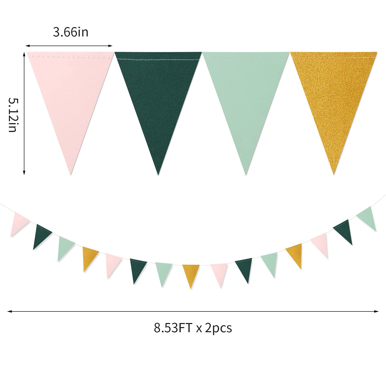 Sage Green Pink Gold Pennant Banner,2 Pack Paper Triangle Flags,Baby Bridal Shower Safari Birthday Tropical Jungle Party Decorat