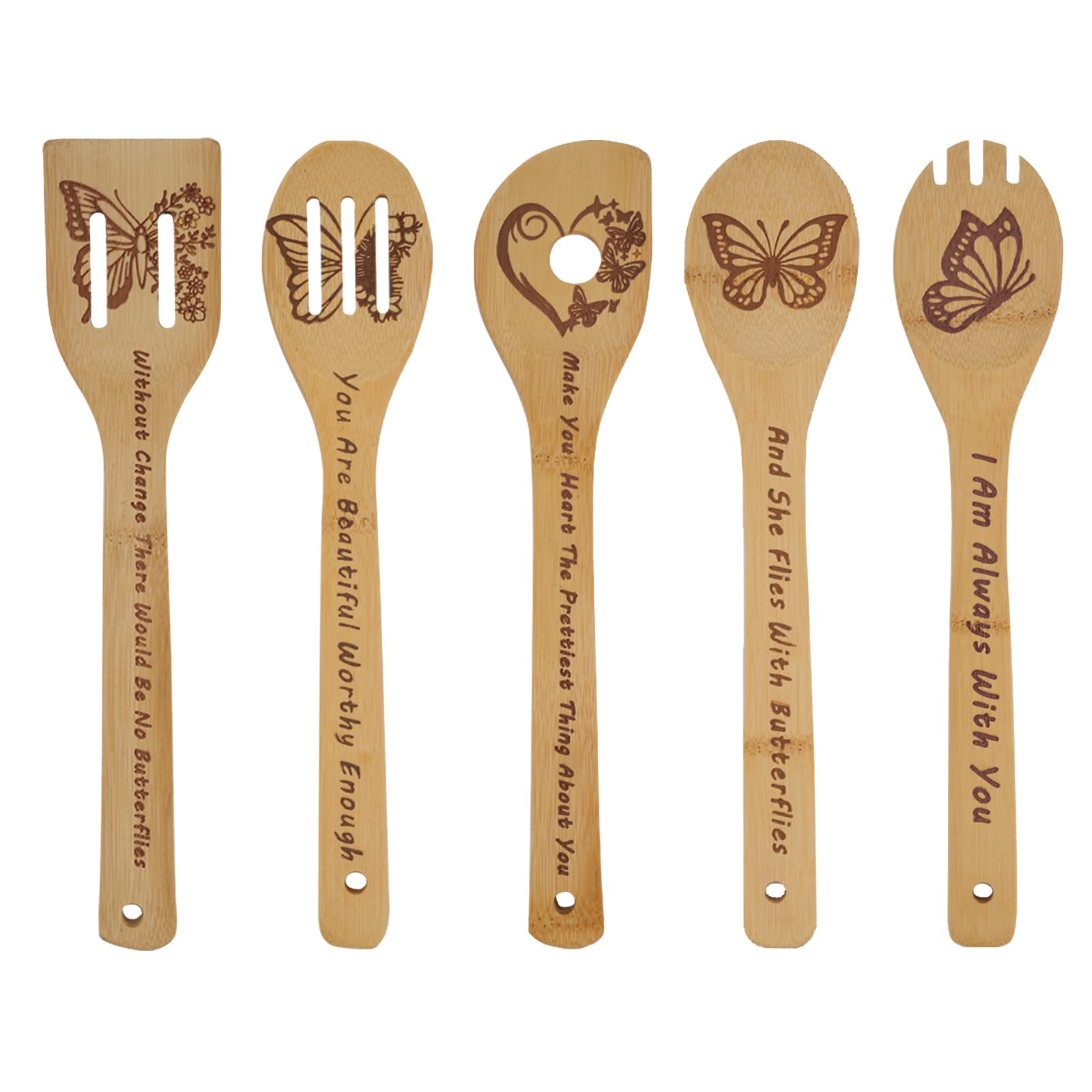 Butterfly Wooden Cooking Spoons Set Of 5,Butterfly Gift,Butterfly Lovers Gifts,Butterfly Kitchen Decor,Bamboo Cooking Spoons Far