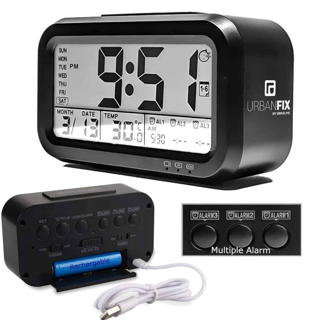 Bulfyss USB Rechargeable Digital Alarm Clock, Date, Temperature, Backlight LCD Display Smart Clock with 3 Alarms Bedroom Table D