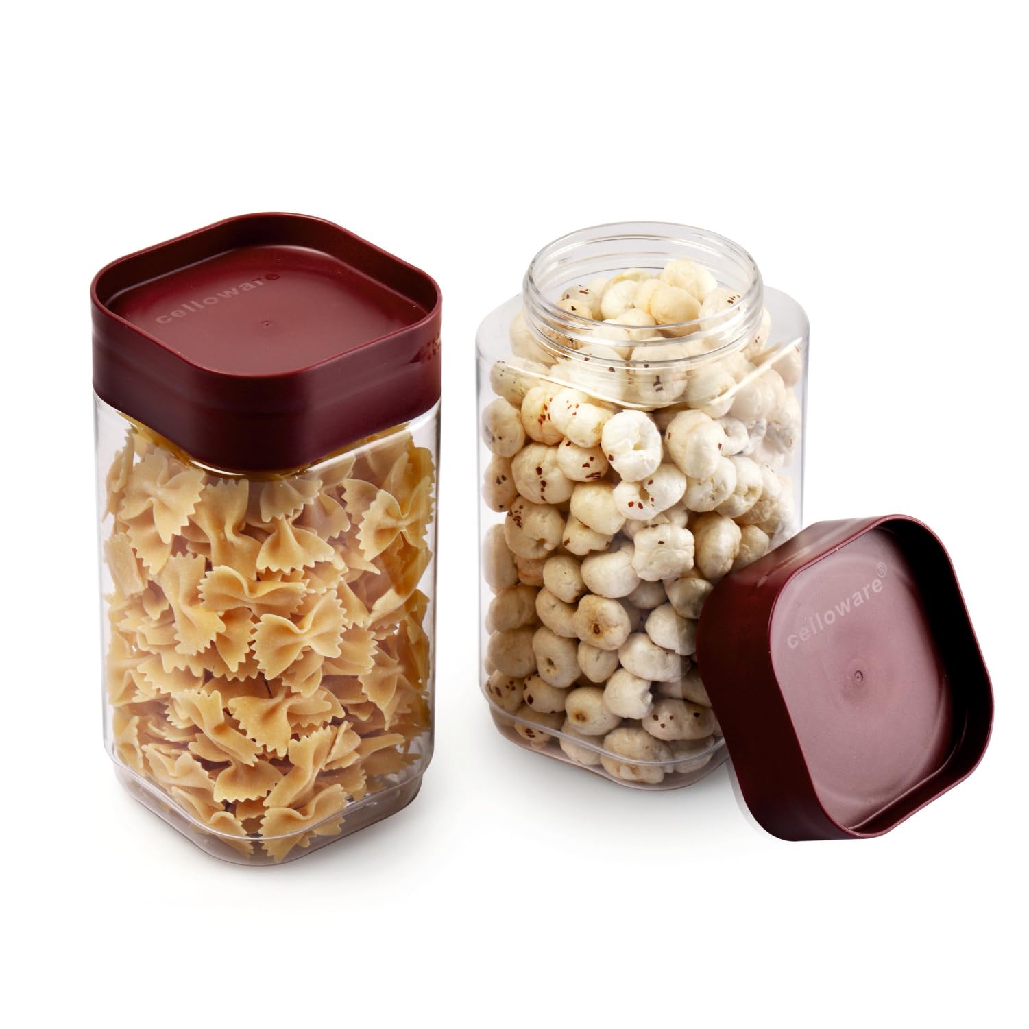 Cello Modustack Square Containers Set Of 2 (1200 Ml X 2), Maroon | Stackable | For Grains, Pulses, Spice, Cereals, Cookies, Dry 
