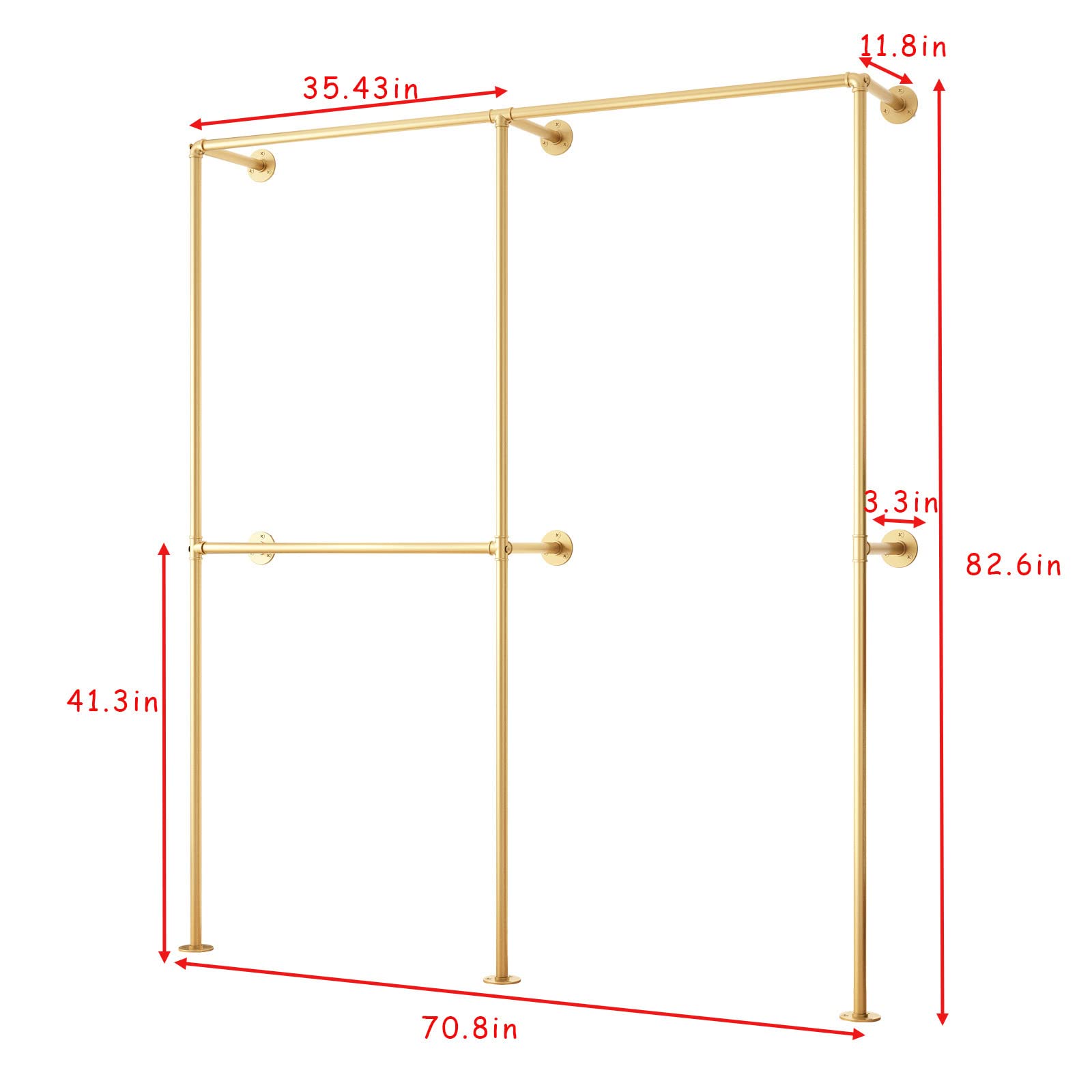 Dr.Iron Industrial Pipe Gold Clothing Racks With Double Bar, Industrial Pipe Clothes Racks Wall Mounted, Heavy Duty Gold Closet