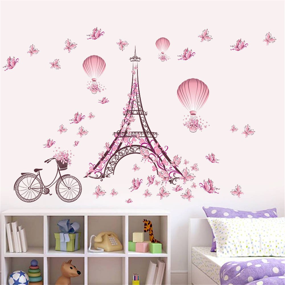 Bibitime Romantic France Paris Eiffel Tower Wall Decals For Girls Room Flower Bike Butterflies Hot Air Balloon Vinyl Sticker Val