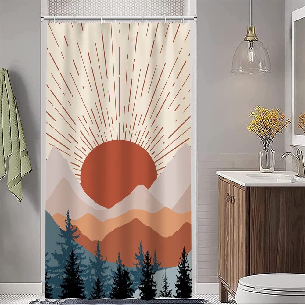 Ruelvth Stall Shower Curtain, Mid Century Boho Sunrise Small Shower Curtain Waterproof Abstract Terracotta Mountain Forest Narro