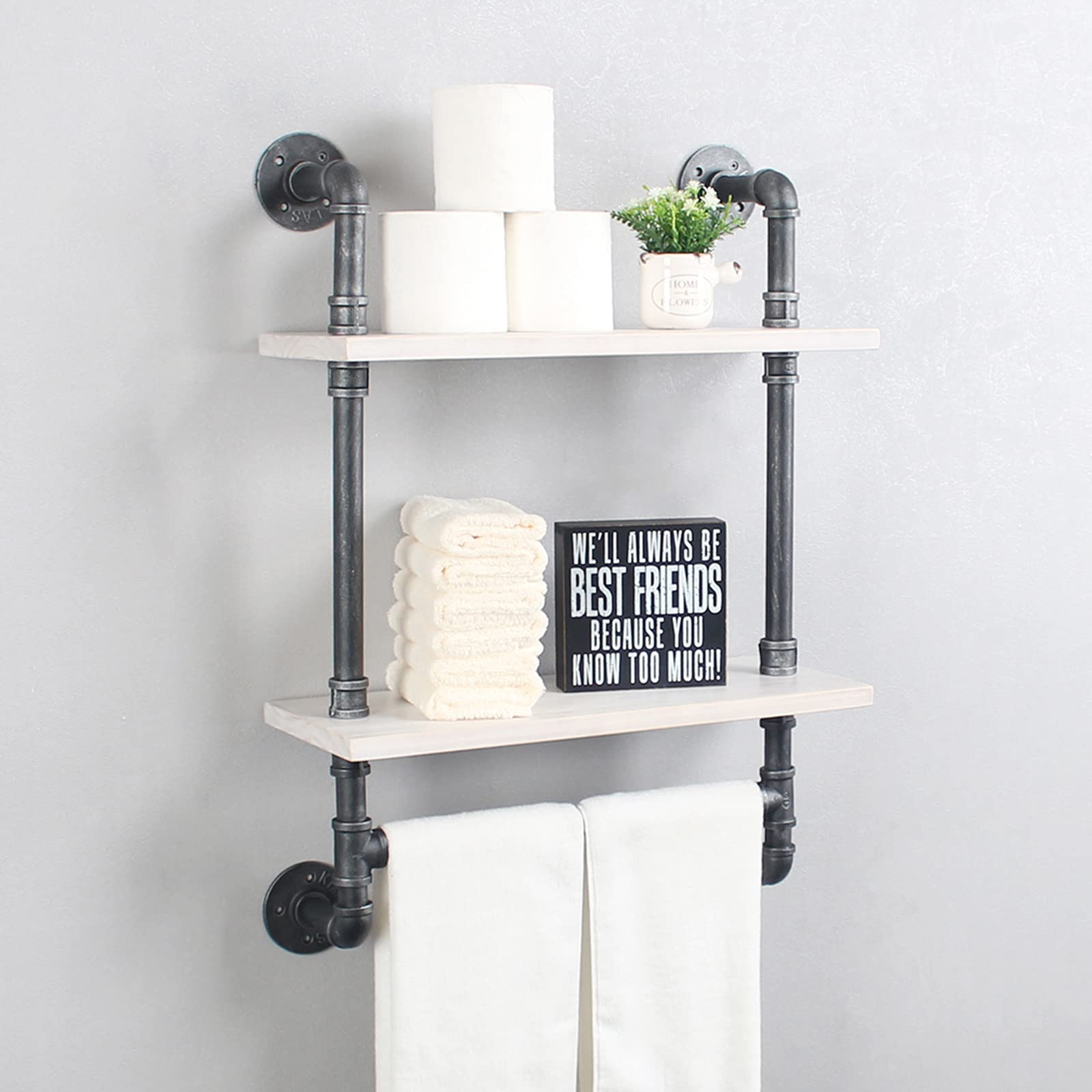 Industrial Pipe Shelf Bathroom Shelves Wall Mounted 19.6in Rustic Wood Shelf with Towel Bar 2 Tier Farmhouse Towel Rack Over Toilet Pipe Shelving Floating Shelves Towel Holder Retro White