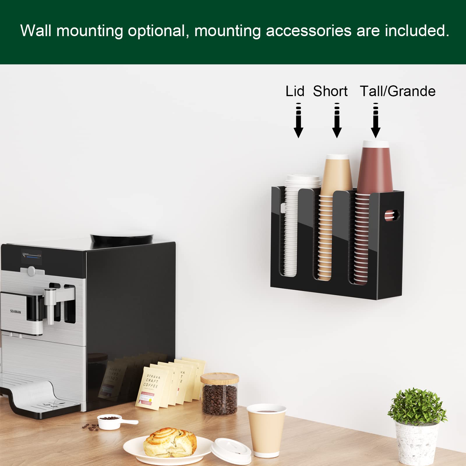 Bosscasa Disposable Coffee Cup Dispenser With Handles, Countertop Or Wall Mount Hot/Cold Drink Cup And Lid Holder - Bathroom/Kit