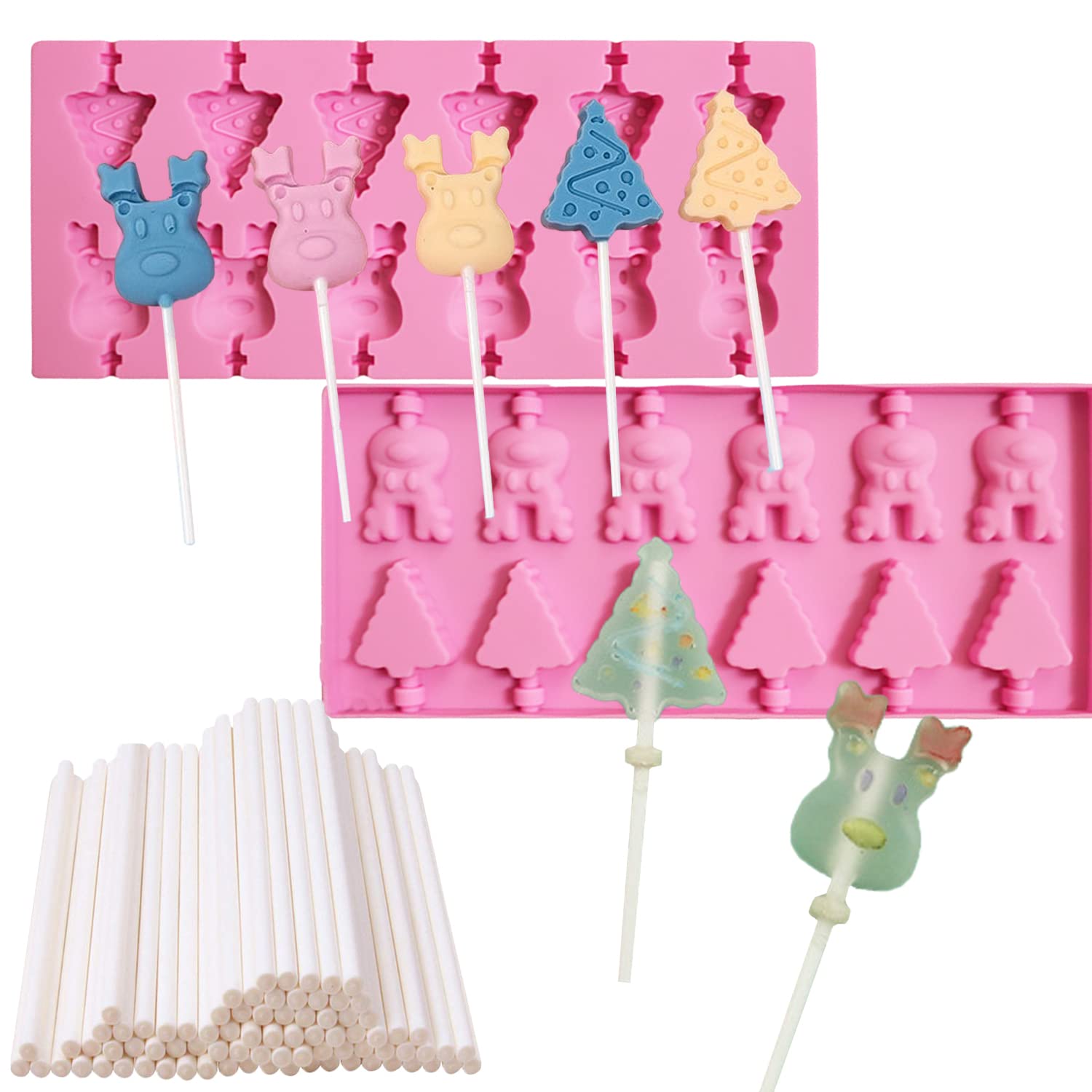 2 Pcs Christmas Lollipop Candy Chocolate Silicone Mold With 80 Paper Sticks, 24 Hole Christmas Tree Elk Shape Mold With 80Pcs Lo