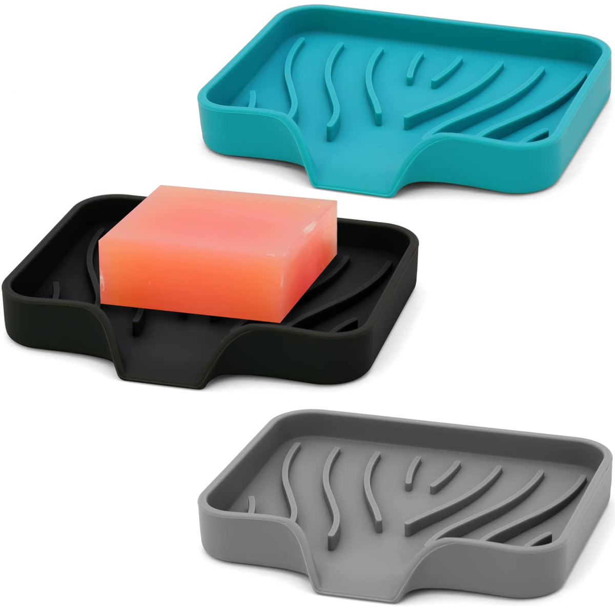 3-Pack Premium Dishes For Bar Soap, Easy To Clean, Soft Silicone Self Draining Soap Tray/Holder For Shower, Bathroom, Kitchen, B