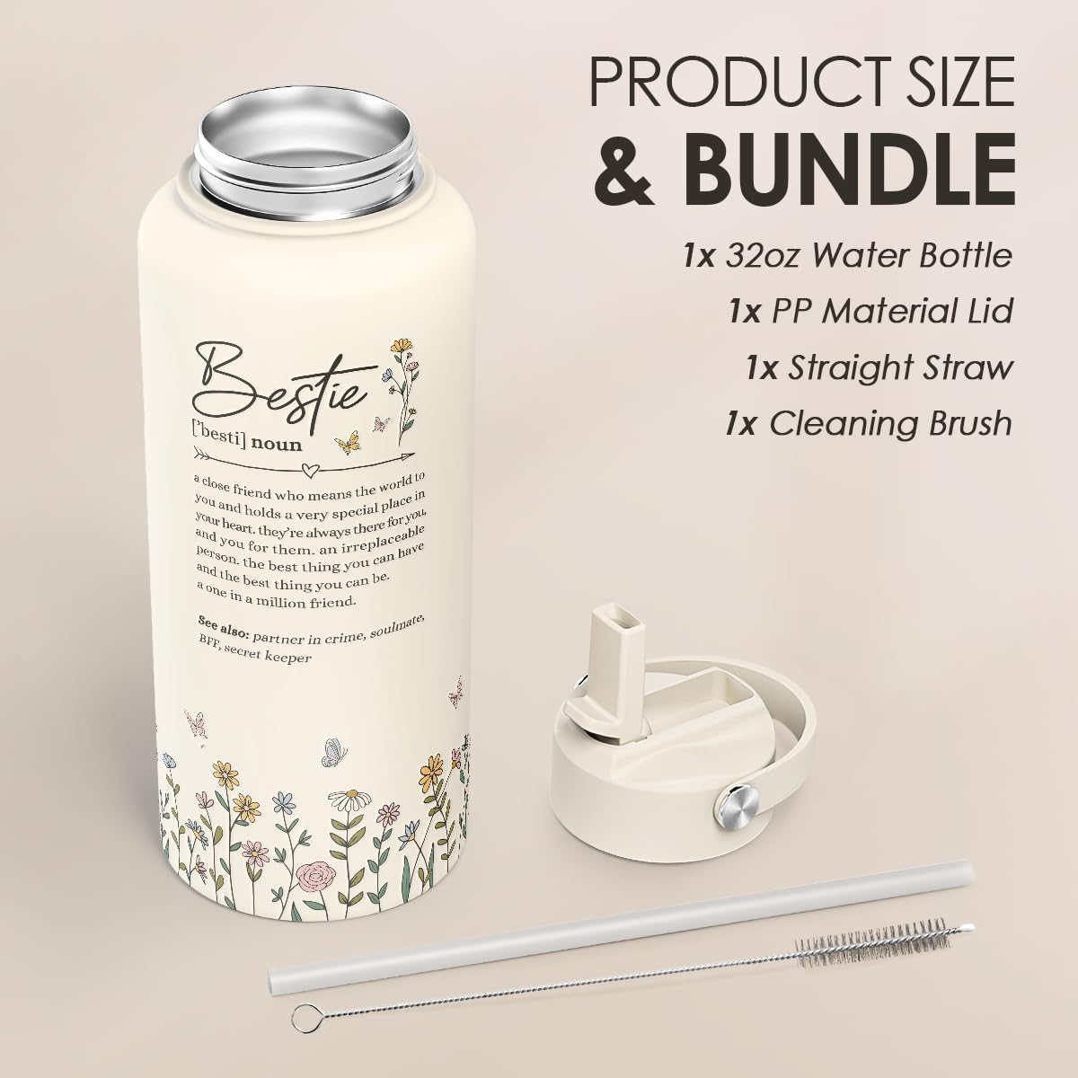 Best Friend Water Bottle 32oz Stainless Steel with Lid & Straw, Bestie Insulated Bottles for Women Girls Female Friends Sisters,