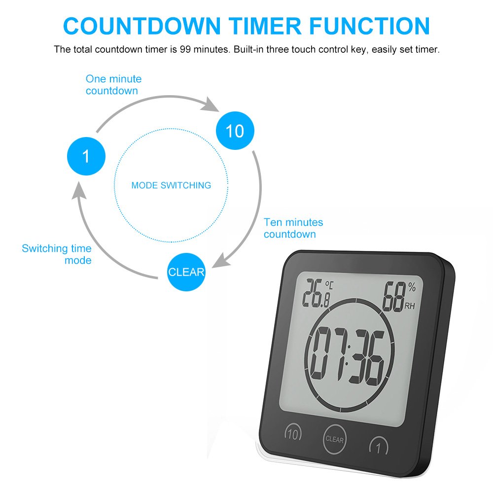 Aozbz Shower Wall Clock, Digital Kitchen Timer With Alarm, Waterproof Touch Screen Timer, Temperature Humidity Display With Suct