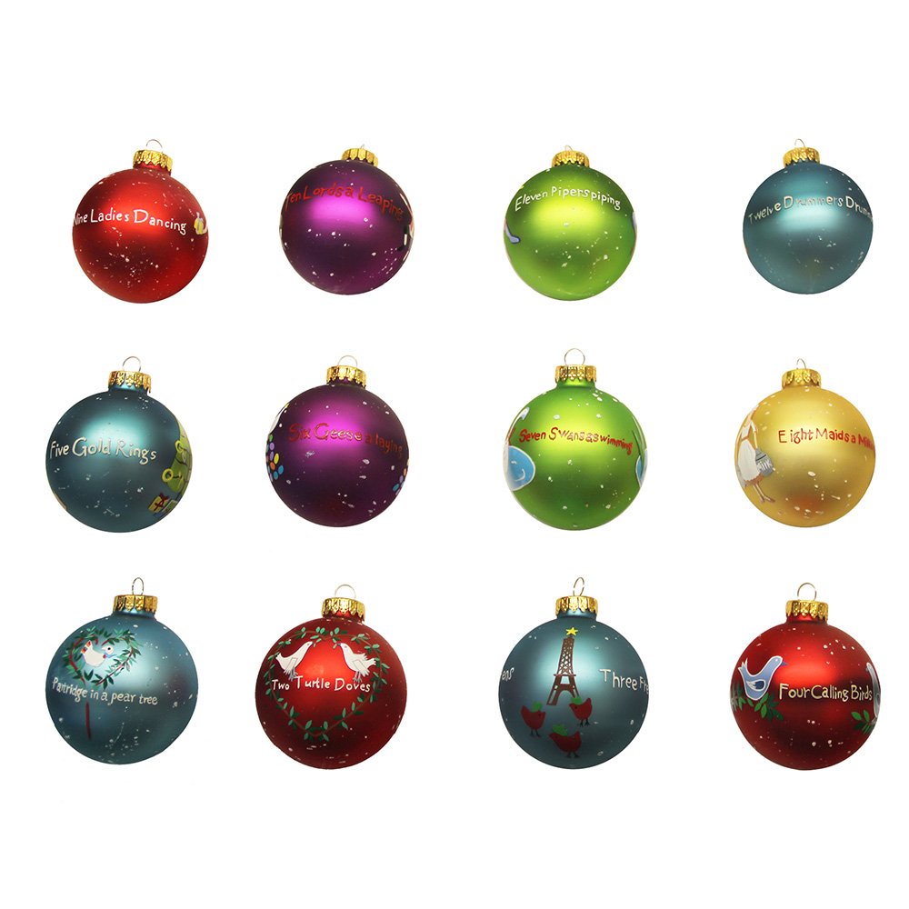 Kurt Adler Twelve Days of Christmas Ball Ornament, 65mm, Set of 12, Glass