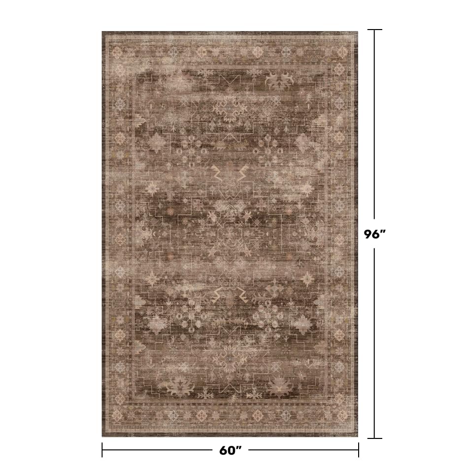 Hazo Haus Taupe Brown 5x8 Rug for Living Room - Vintage Traditional Dark Neutral Geometric, Washable Foldable Non-Slip Area Rugs