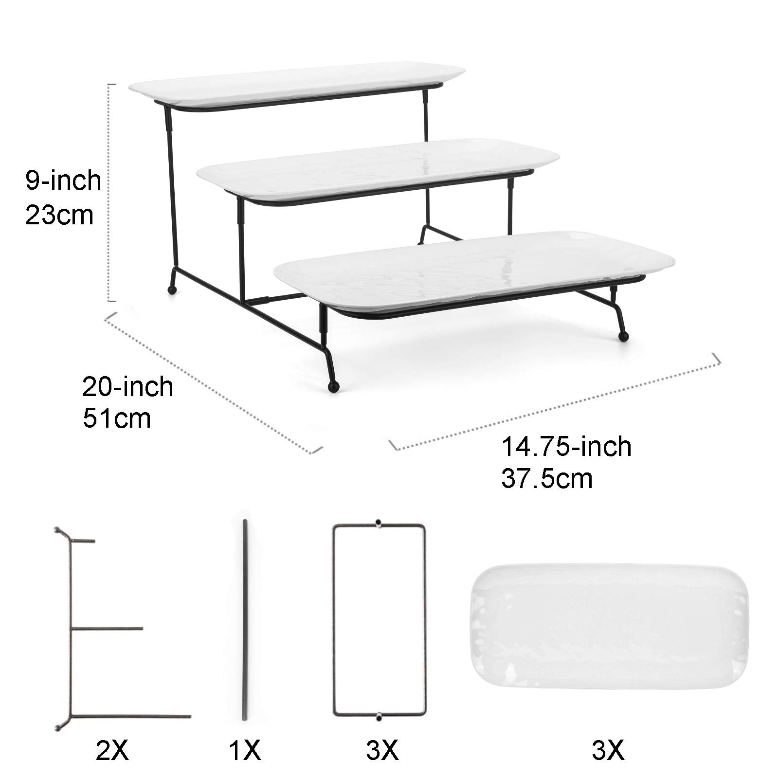 3 Tiered Serving Platter, 3-Piece 14.75'' Melamine Tray And Tier Rack, Rectangular Food Display Stand With White Melamine Platte