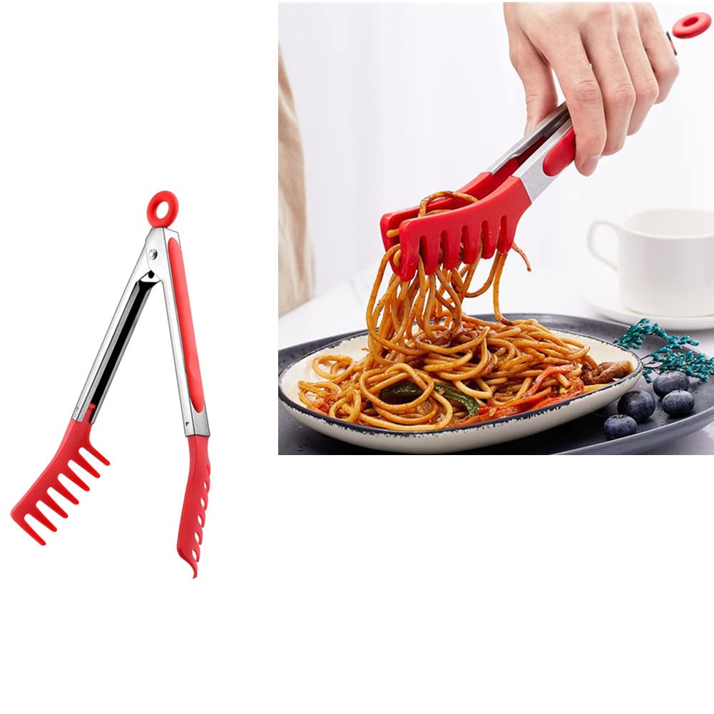 Red Stainless Steel Pasta Tong, Large 13'' Stainless Steel Spaghetti Tongs, Comfortable Grip Design Pasta Server Utensil For Noo