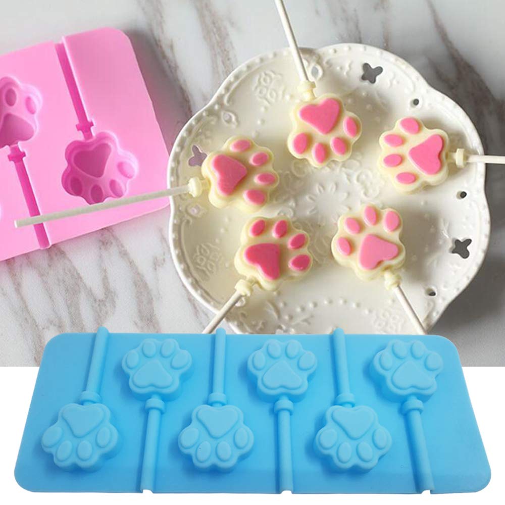 3 Pcs 6-Cavity Paw Lollipop Molds,Sonku Silicone Paw Mold Chocolate Hard Candy Jelly Fondant Mold With 18 Pcs Sucker Sticks-Pink