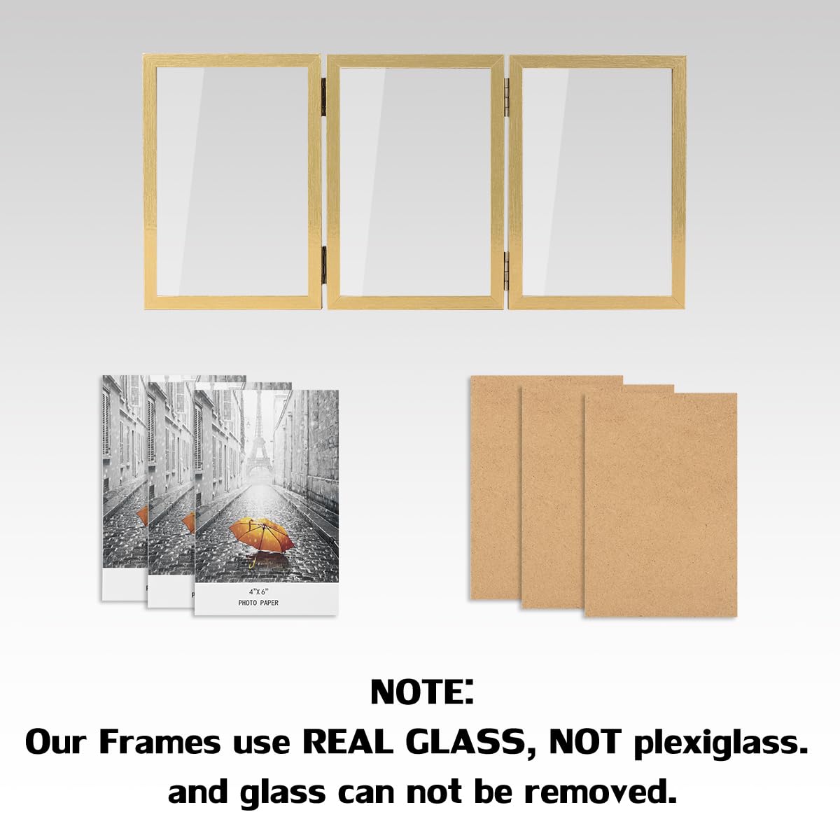 3 Picture Frame 4x6 Golden Triple Hinged MDF Wood with Glass Front Three Opening Photo Frame Stand Vertical on Tabletop
