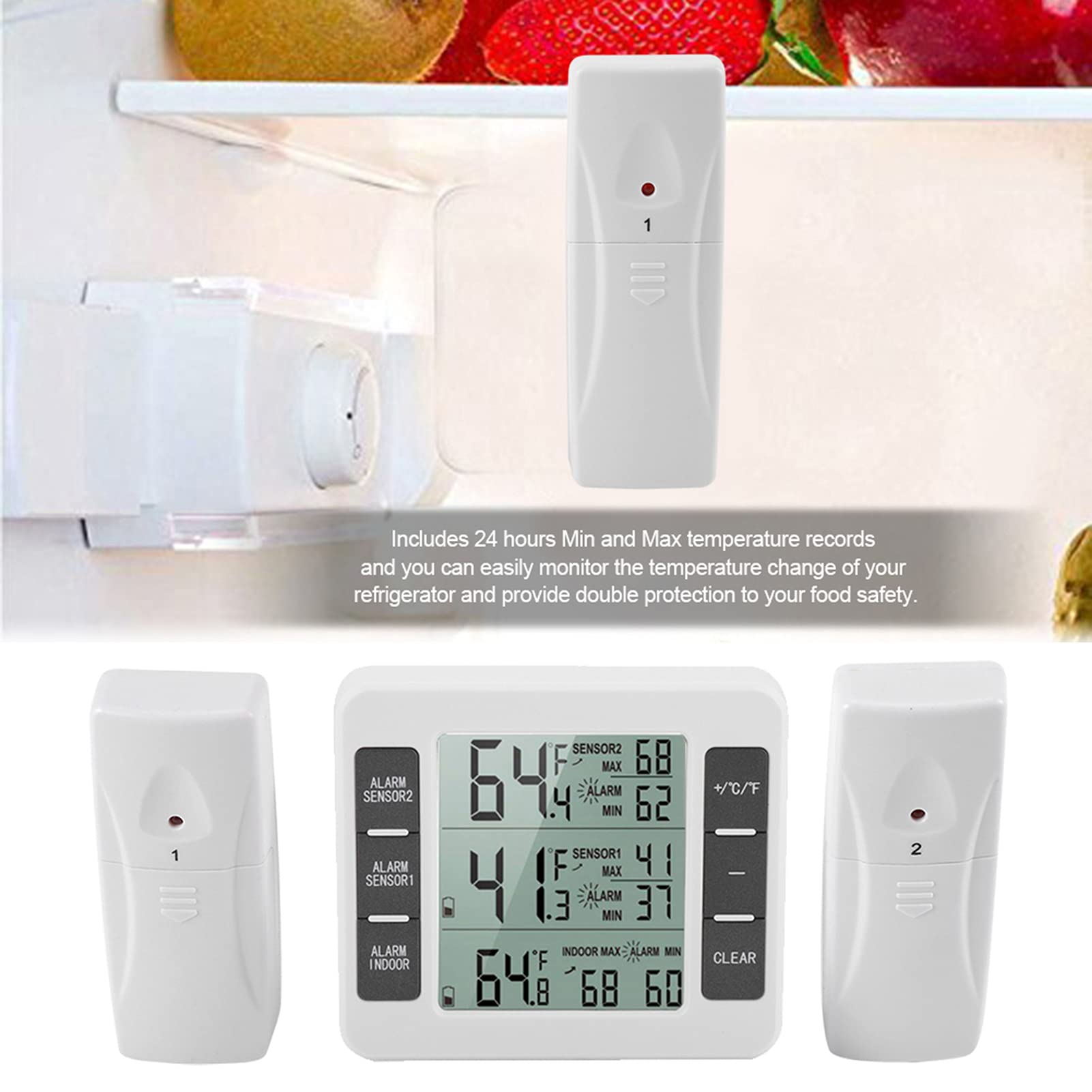 Refrigerator Thermometer, Wireless Digital Fridge Freezer Thermometer With Audible Alarm, Max/Min Temperature Display And 2 Sens
