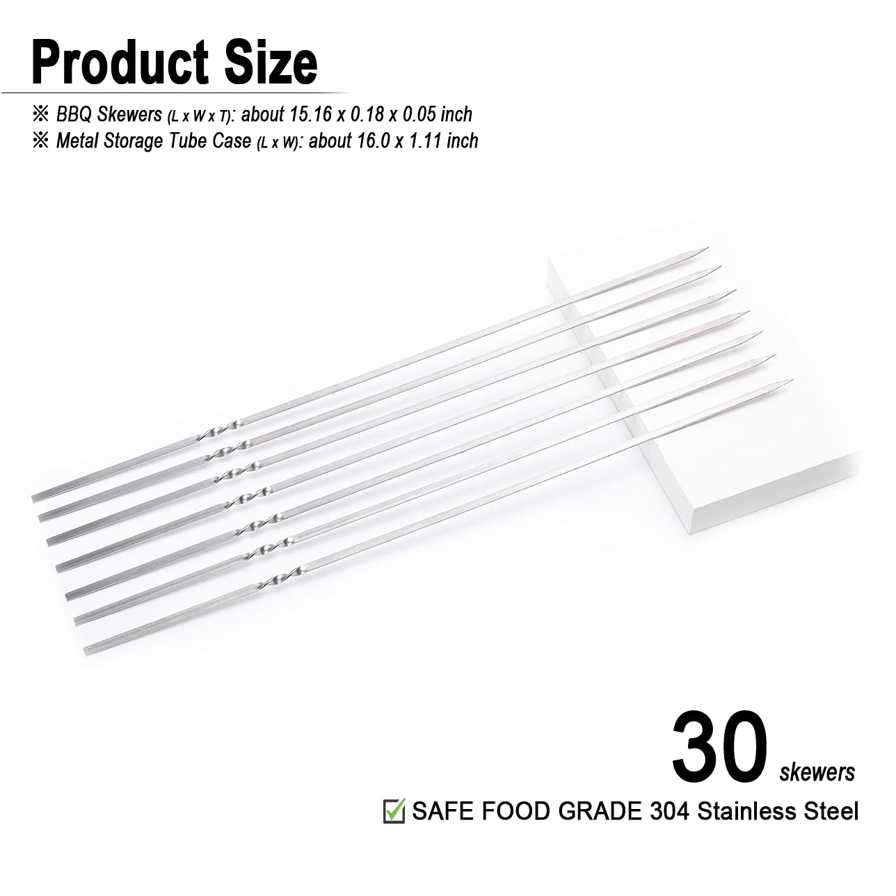 Centerz 30 Pack Kebab Skewers, 15'' Long Flat Stainless Steel Bbq Shish Kabob Skewers With Portable Metal Storage Tube, Reusable