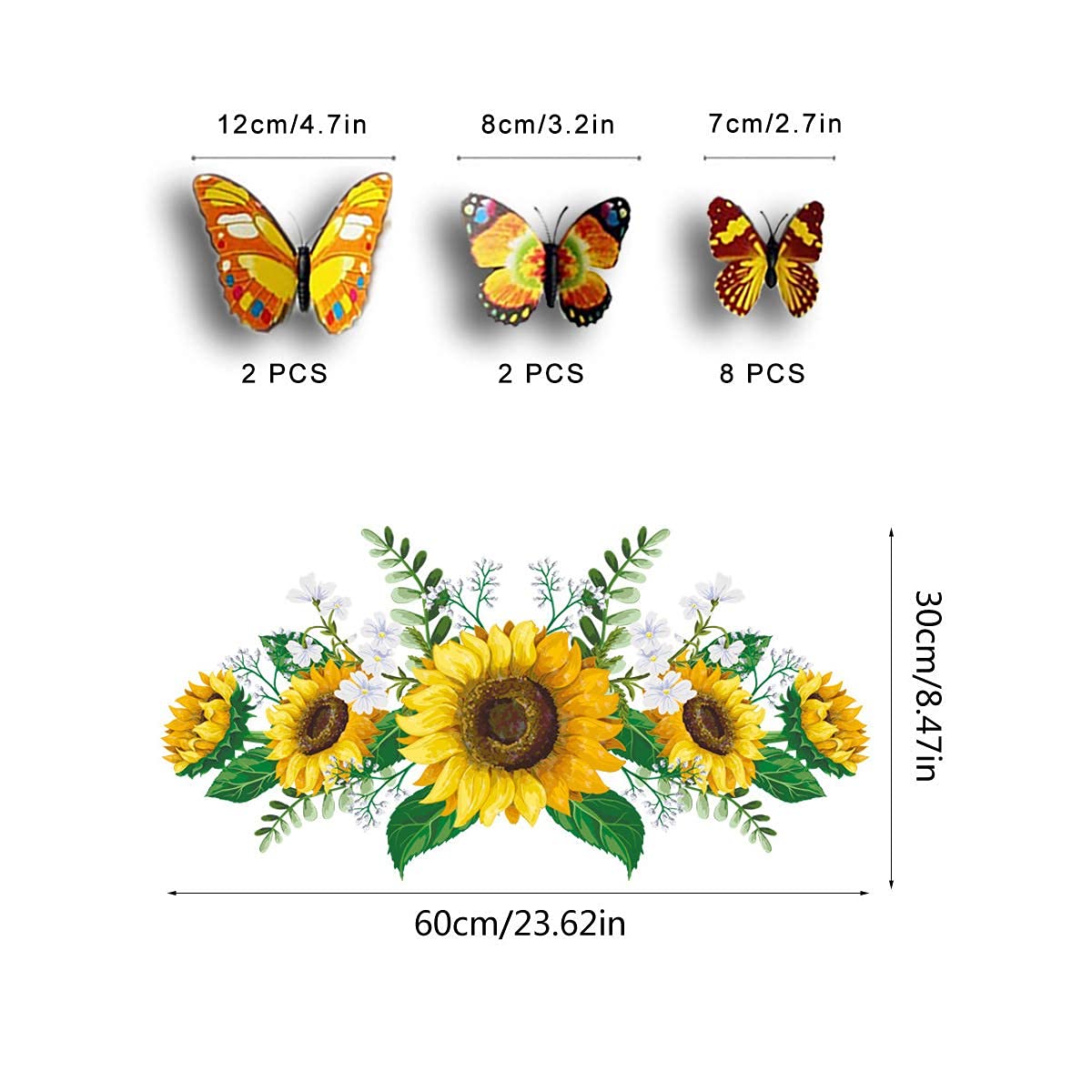 Sunflower Wall Stickers With 3D Butterfly Wall Sticker, Yellow Flowers Wall Decal,Sprt Waterproof And Removable, Sunflower Wall
