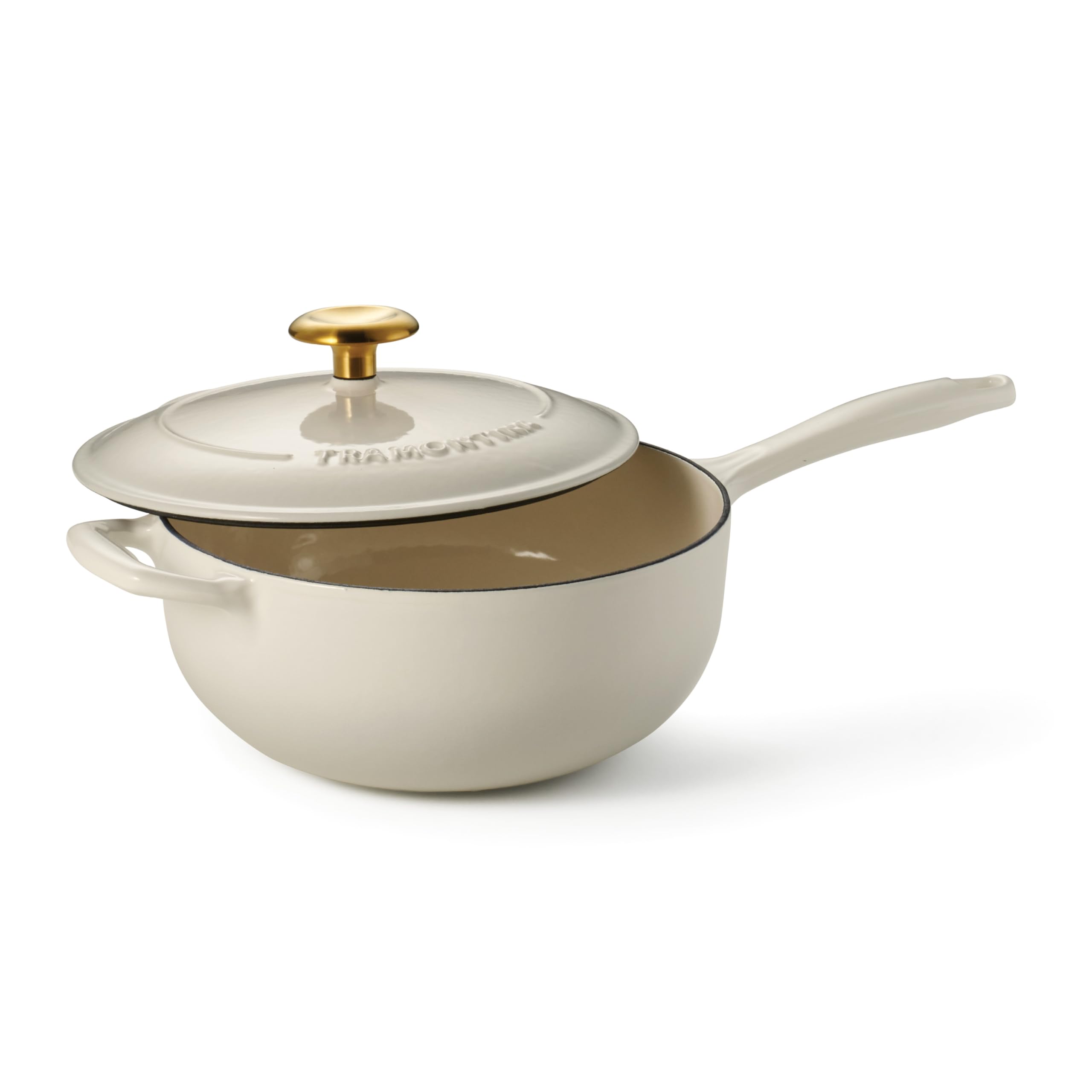 Tramontina Bestow Enameled Cast Iron Saucier Pan with Lid, 3-quart, Latte with Gold Knob