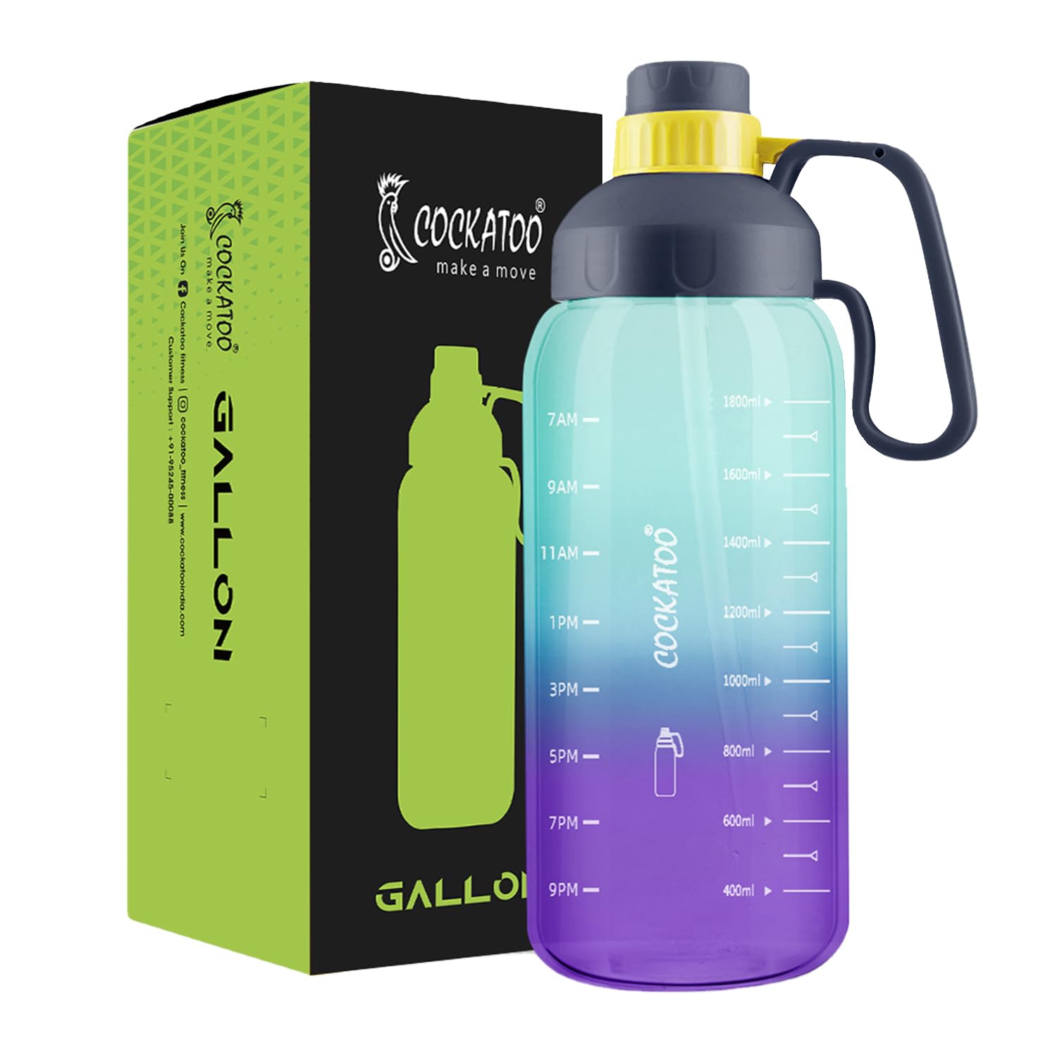 Cockatoo Gb01-Gallon Gym Water Bottle For Workout, 2 Litre Motivational Sipper Bottle For Adults & Kids, Purple