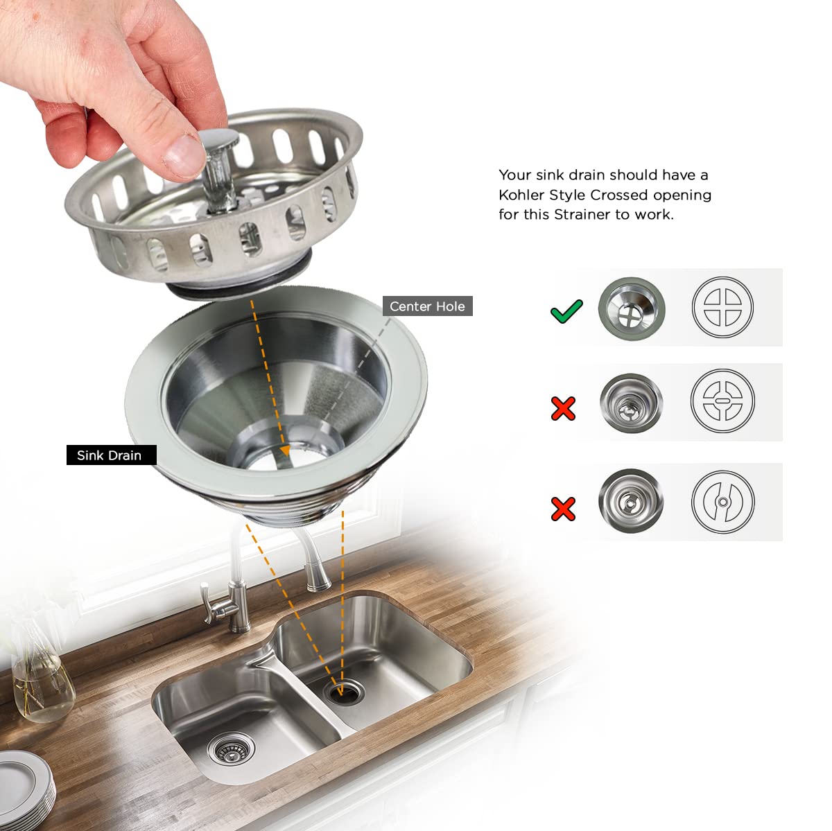 Highcraft 97343 Kitchen Sink Basket Strainer Replacement For Standard Drains (3-1/4 Inch) Stainless Spring Steel Closure And Rub