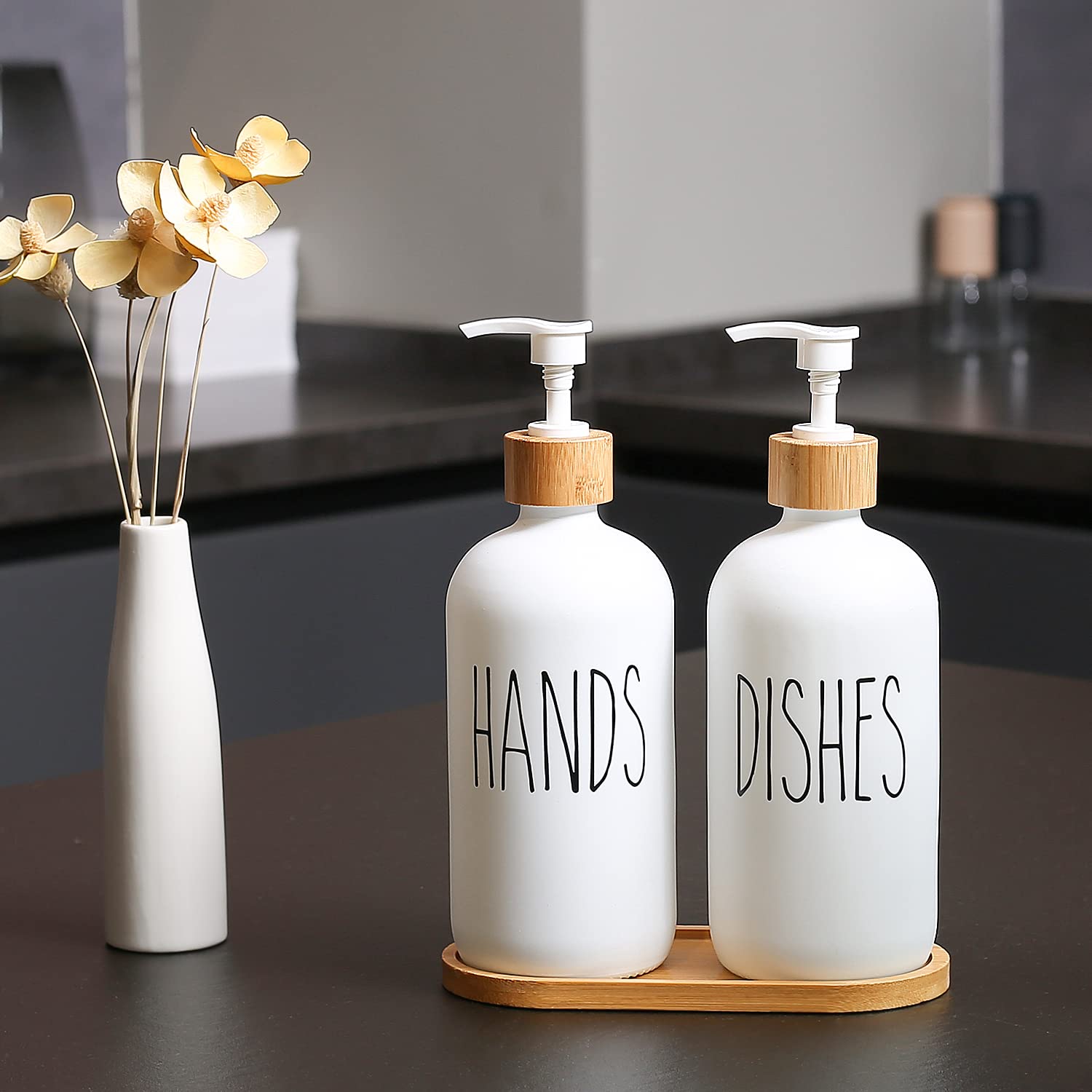 MOMEEMO White Soap Dispenser Set  Contains Glass Hand Soap Dispenser and Glass Dish Soap Dispenser. Kitchen Soap Dispenser Set Suitable for Farmhouse Kitchen Decor  Rustic Kitchen Decor. (White)