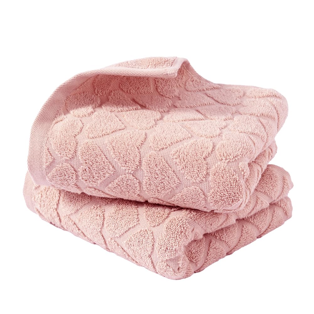 Yiluomo Full Embossed Hearts Pattern Pink Hand Towel Set Of 2 100% Cotton Super Soft Highly Absorbent Decorative Hand Towels For