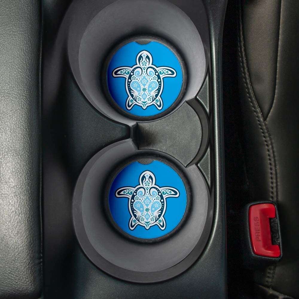 Blue Sea Turtle. Car Coasters For Drinks Set Of 2. Perfect Car Accessories With Absorbent Coasters. Car Coaster Measures 2.56 In