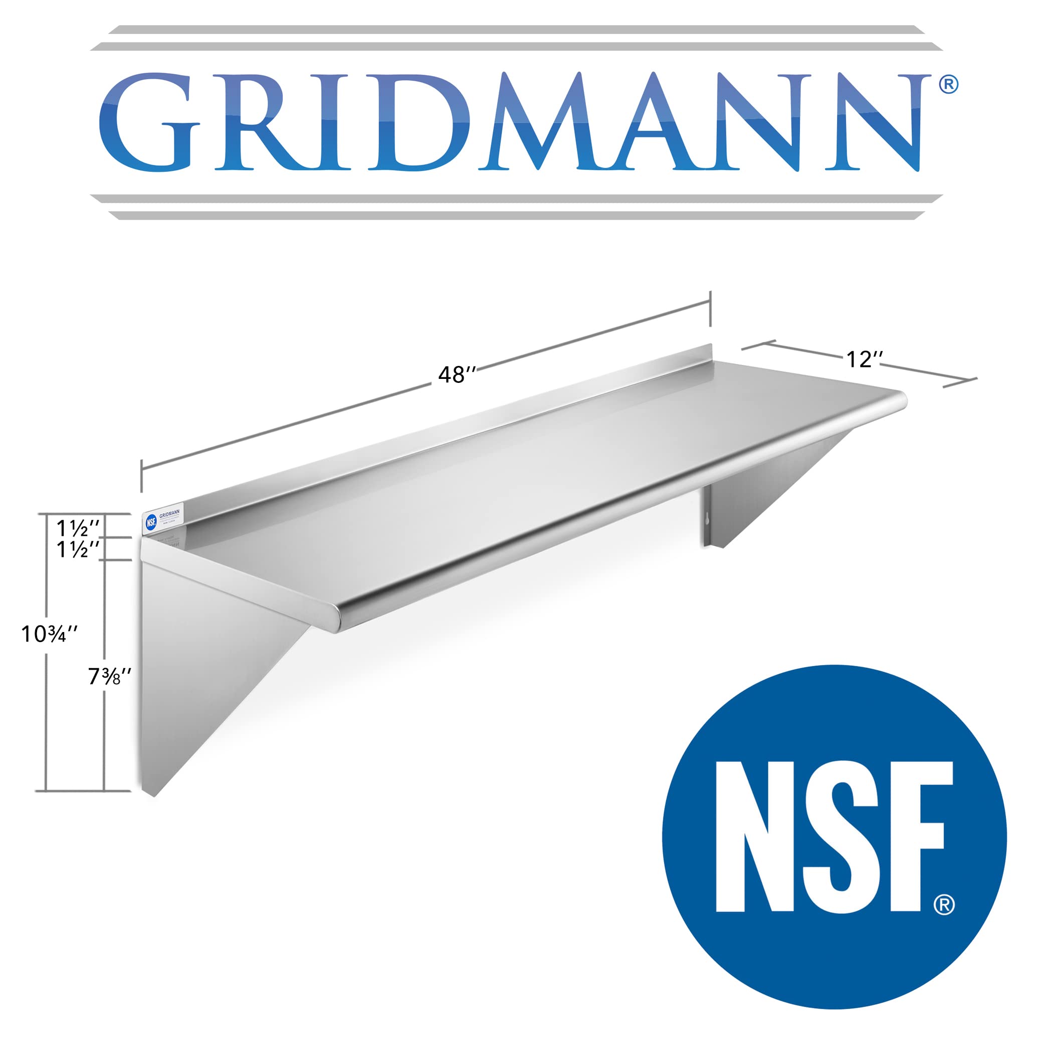 Gridmann 12'' X 48'' Stainless Steel Wall Mount Shelf With Backsplash, Commercial Grade - Nsf Certified 18 Gauge Shelving For Re
