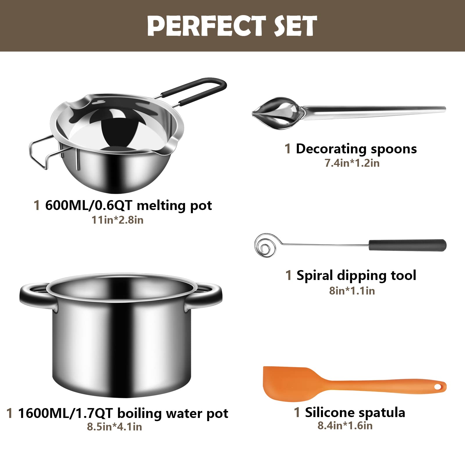Artcome 5Pcs Double Boiler Melting Pot Set - 600Ml/0.6Qt Chocolate Melting Pot, 1600Ml/1.7Qt Stainless Steel Pot, Decorating Spo