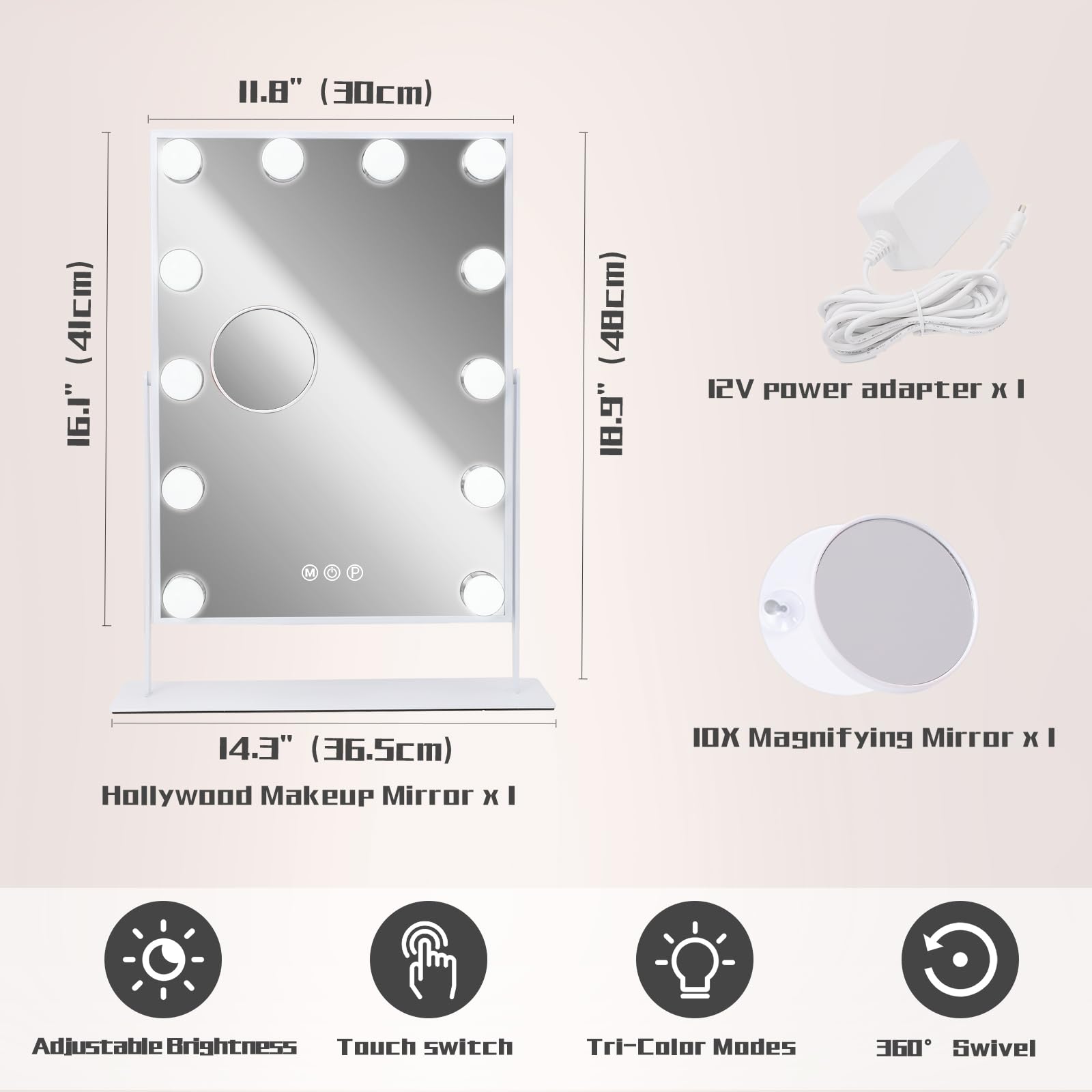 Cooljeen Hollywood Vanity Mirror With Lights, 10X Magnification, 3 Color Lighting Modes, 360 Swivel, Slim & Chic, Tabletop Mount