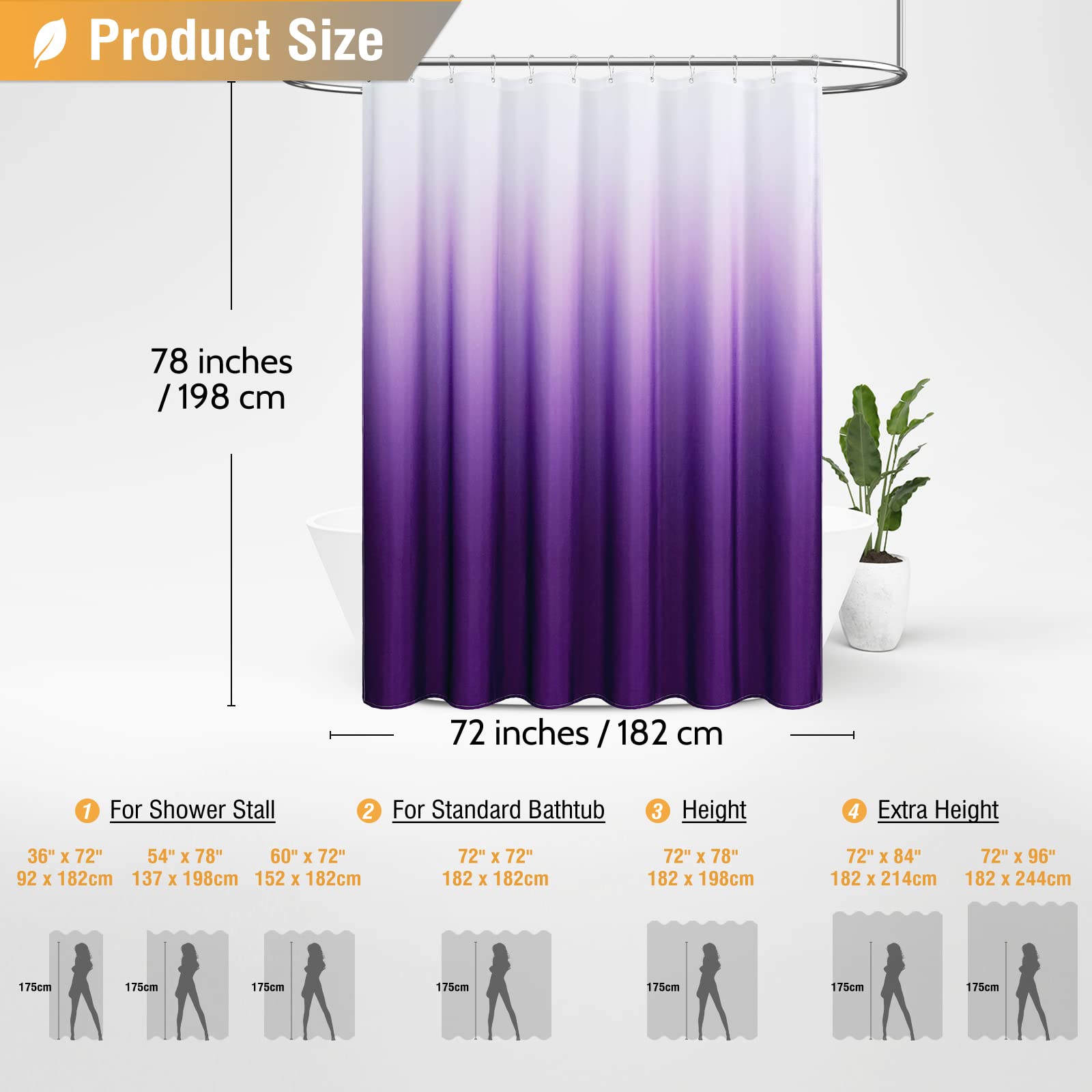 BTTN Long Fabric Shower Curtains - 72'' x 78'' Inch Long Ombre Linen Textured Heavy Duty Shower Curtain Set with Metal Hooks  Tall Hotel Spa Luxury Neutral Cloth Shower Curtains for Bathroom - Purple