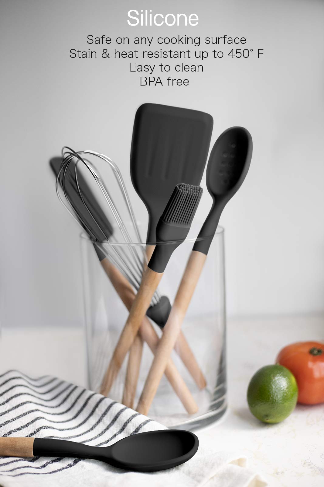 Country Kitchen 6 Pc Non Stick Silicone Utensil Baking Set With Rounded Wooden Handles For Cooking And Baking - Black
