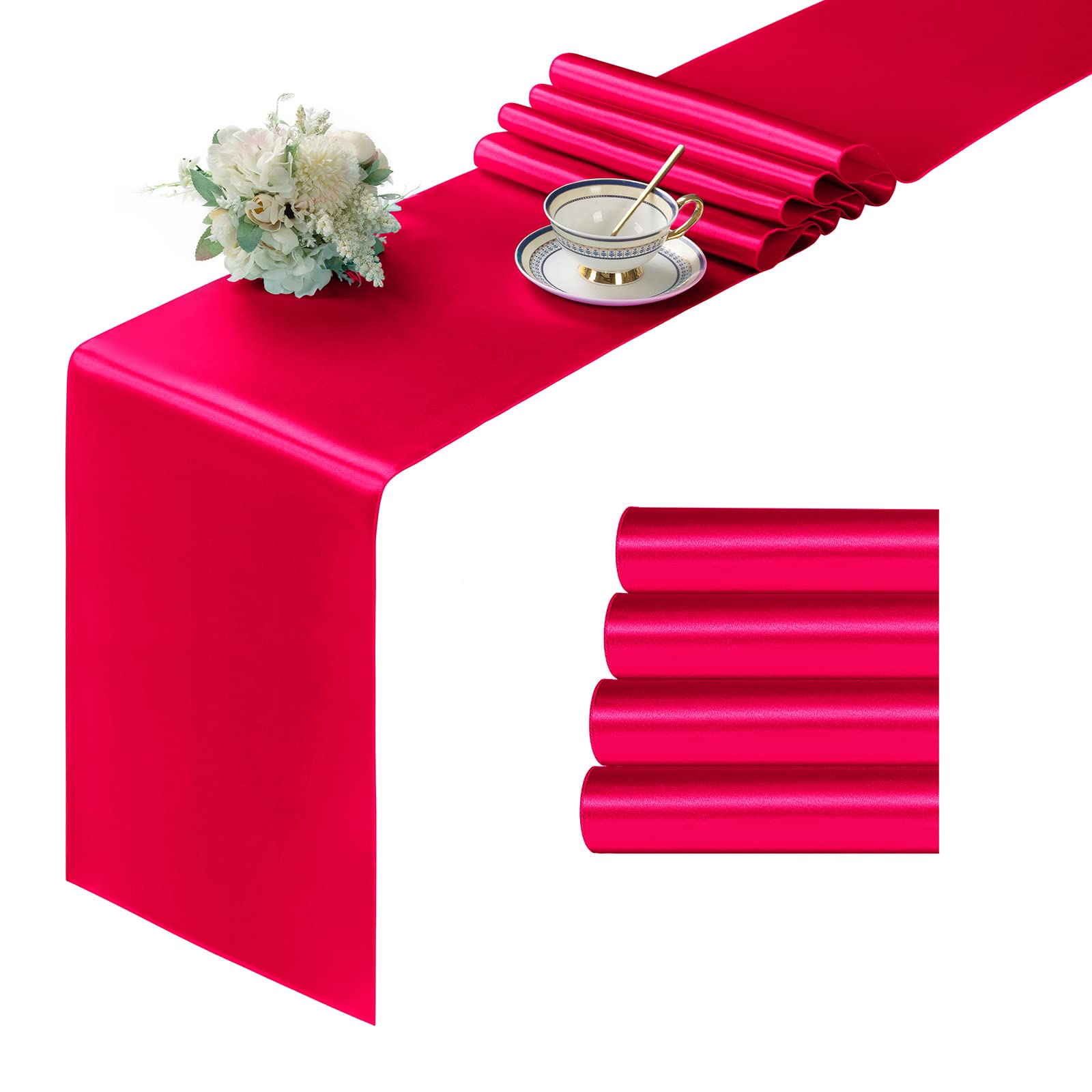 Manyshofu 4Pcs Satin Hot Pink Table Runner - 12 X 72 Inch Long Size, Party Table Runner Decor Bright & Smooth Wedding Decoration