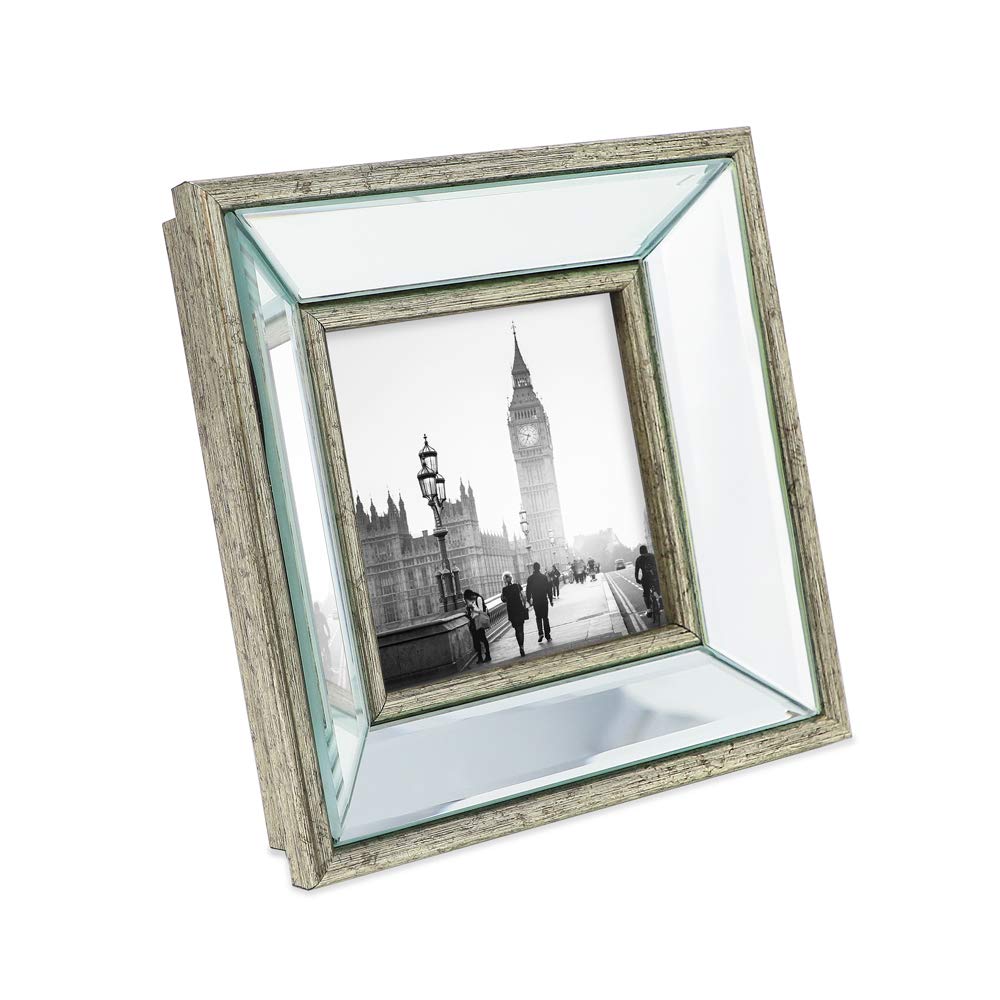 Isaac Jacobs 4x4 Silver Beveled Mirror Picture Frame - Classic Mirrored Frame with Deep Slanted Angle Made for Wall D  cor Displ