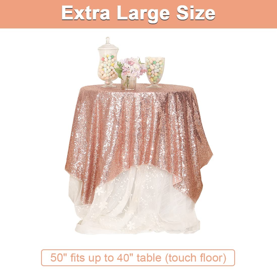 Partydelight Rose Gold Sequin Tablecloth Overlay 50 X 50 Inch For Wedding Party Birthday Bridal Baby Shower And Other Events Dec