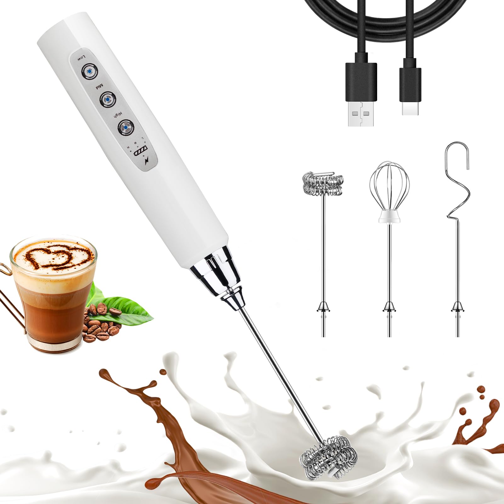 Nahida Handheld Milk Frother for Coffee  Rechargeable Electric Whisk with 3 Heads 3 Speeds Drink Mixer Foam Maker For Latte  Cappuccino  Hot Chocolate  Egg - White
