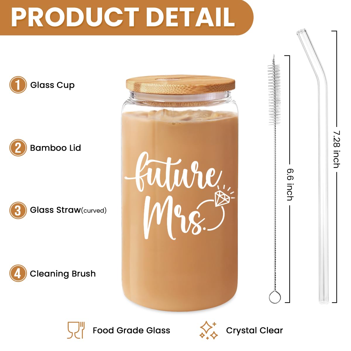 SANDJEST Future Mrs Glass Coffee Cup 16 Oz with Bamboo Lid and Straw - Bridal Shower Gift - Engagement & Bachelorette Gifts for