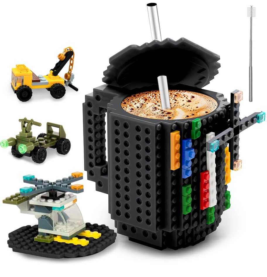 Fubarbar Novelty Coffee Mugs- Kids Brick Gaming Mug Building Head Cup with Straw, Funny Xmas/Birthday Gift For Men, Women, Kids 