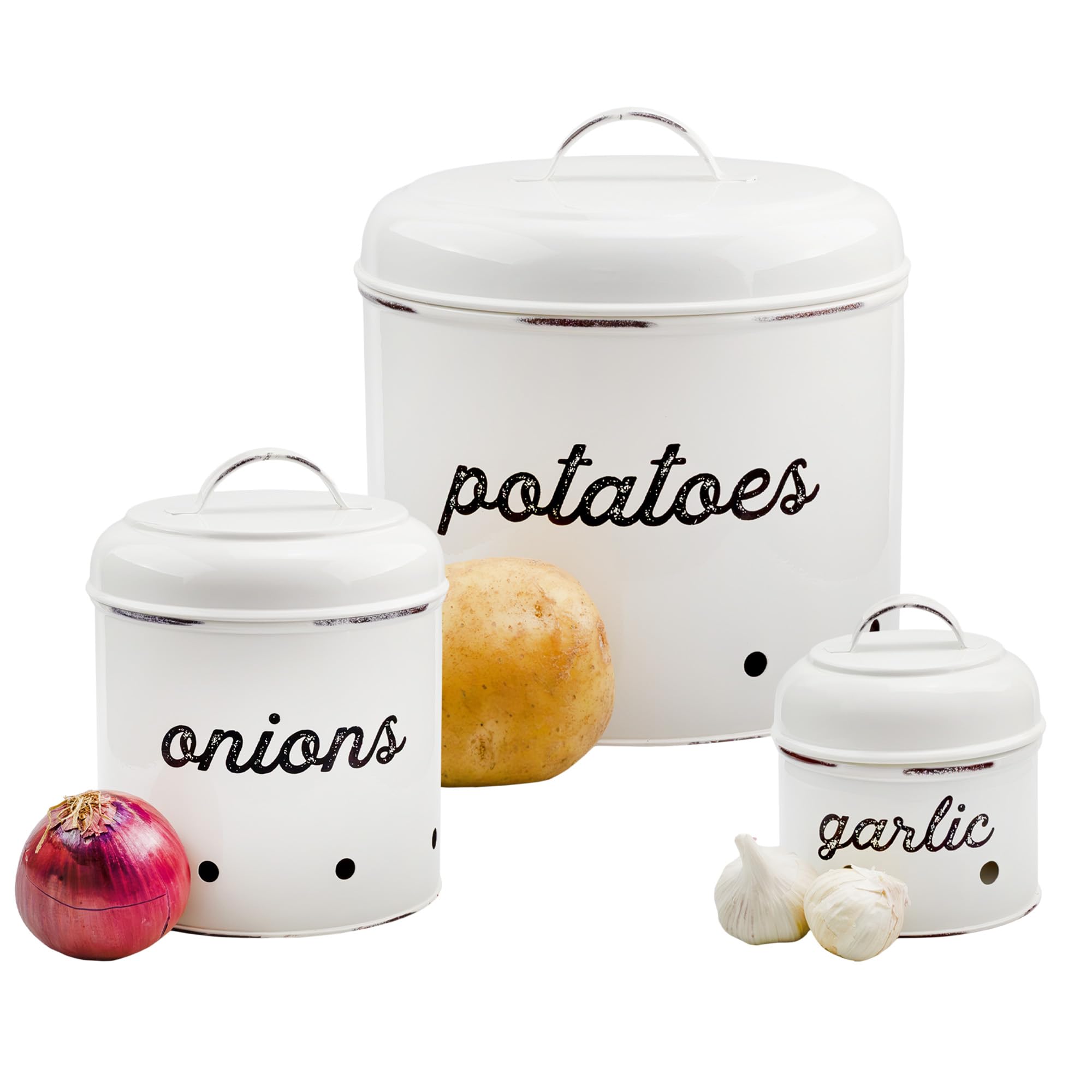 Auldhome Potatoes, Onions And Garlic Canister Set; Rustic White Enamelware Vegetable Storage Containers